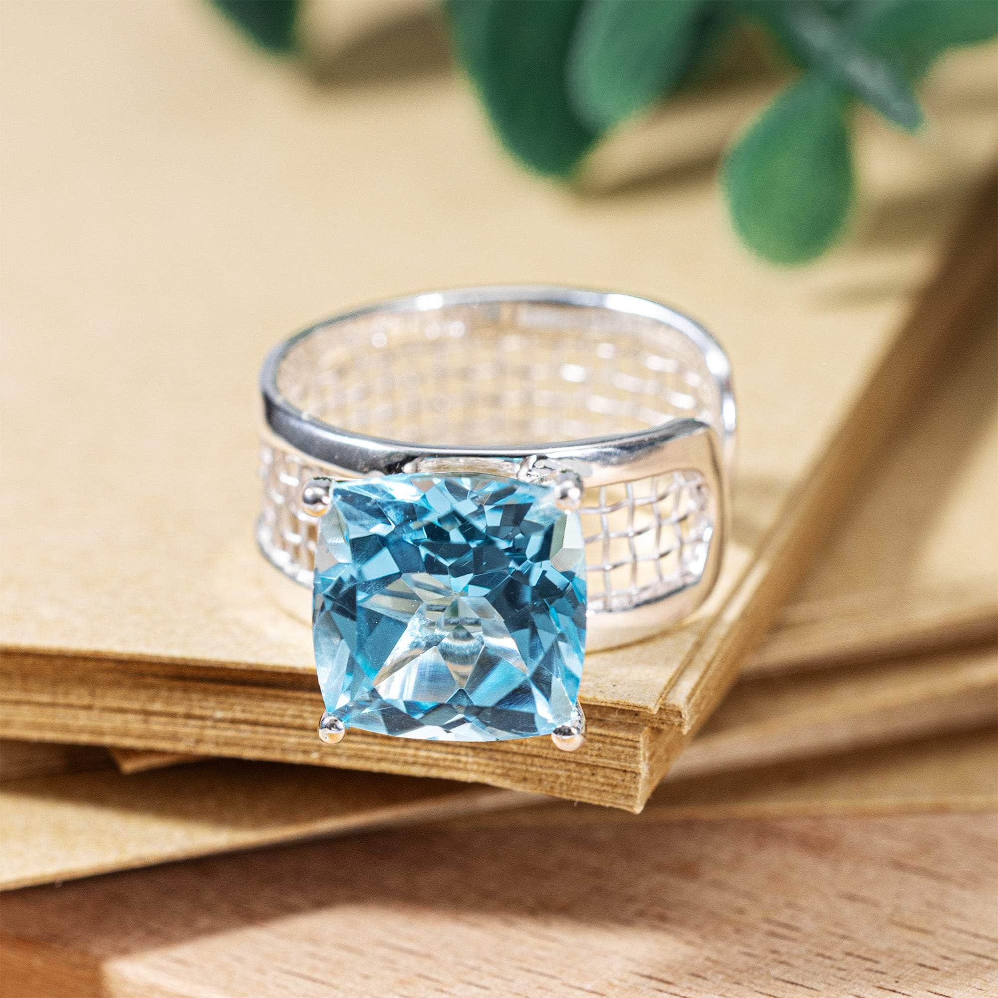 Mistral Open Band Ring with Blue Topaz in Silver and Titanium Mesh Minimalist Design
