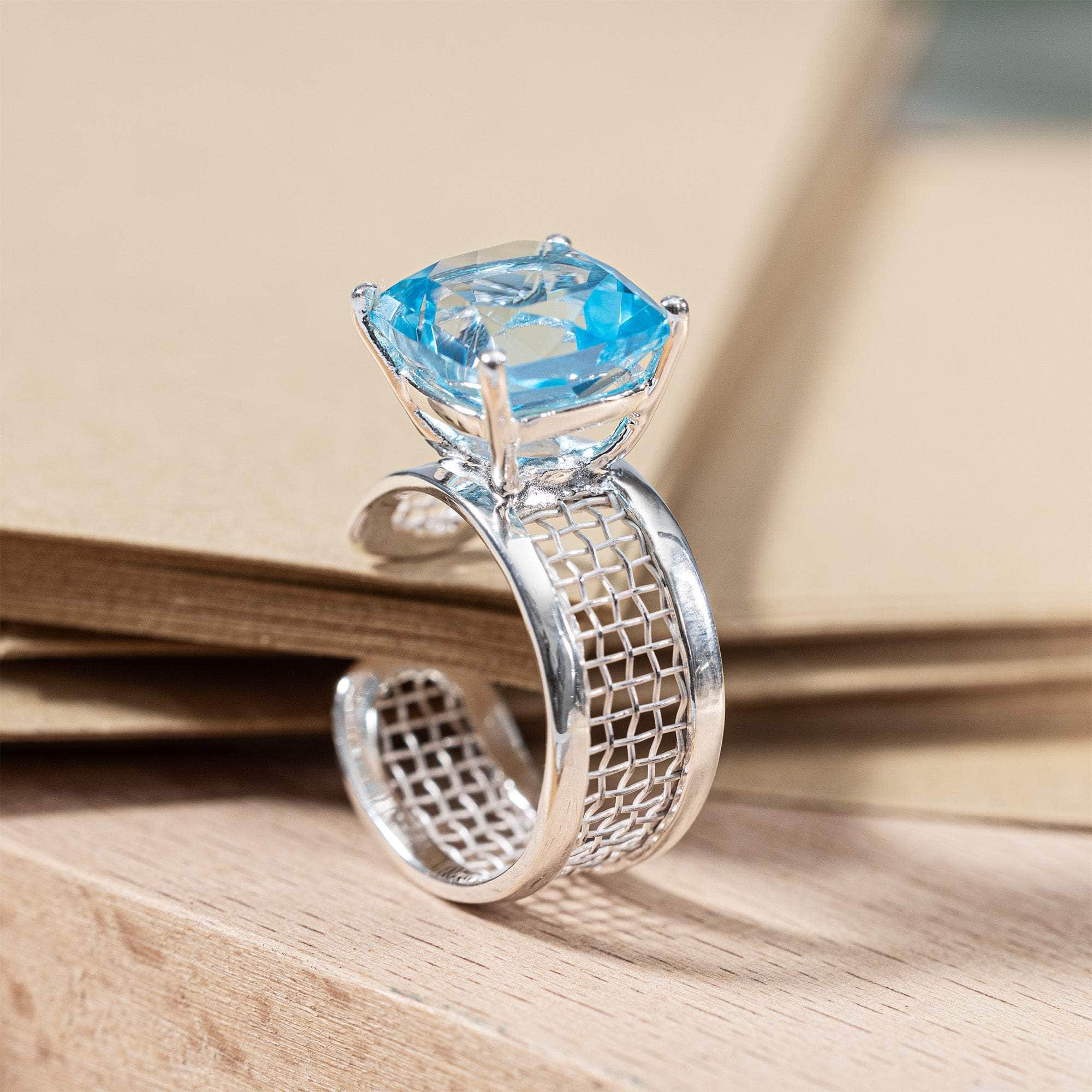 Mistral Open Band Ring with Blue Topaz in Silver and Titanium Mesh Minimalist Design