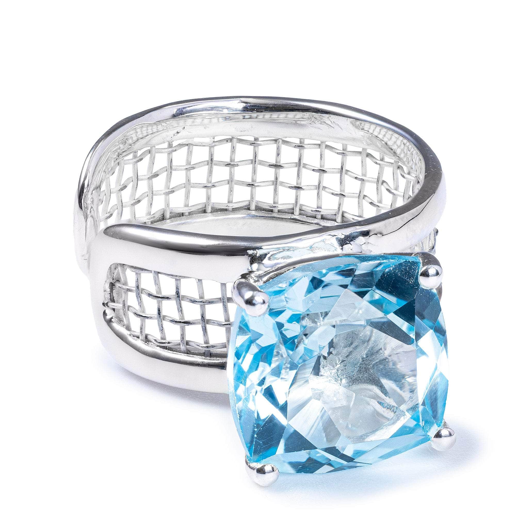 Mistral Open Band Ring with Blue Topaz in Silver and Titanium Mesh Minimalist Design