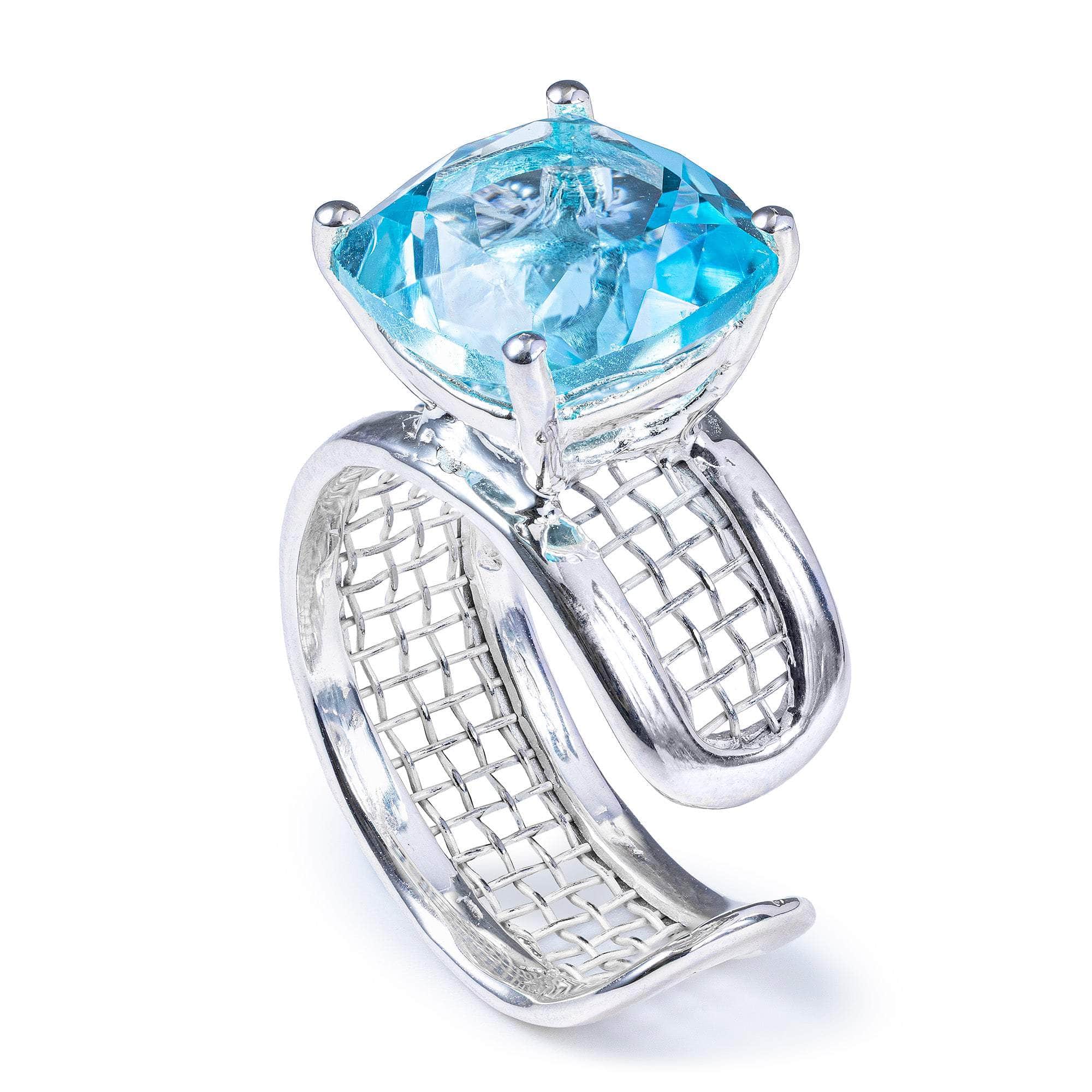 Mistral Open Band Ring with Blue Topaz in Silver and Titanium Mesh Minimalist Design