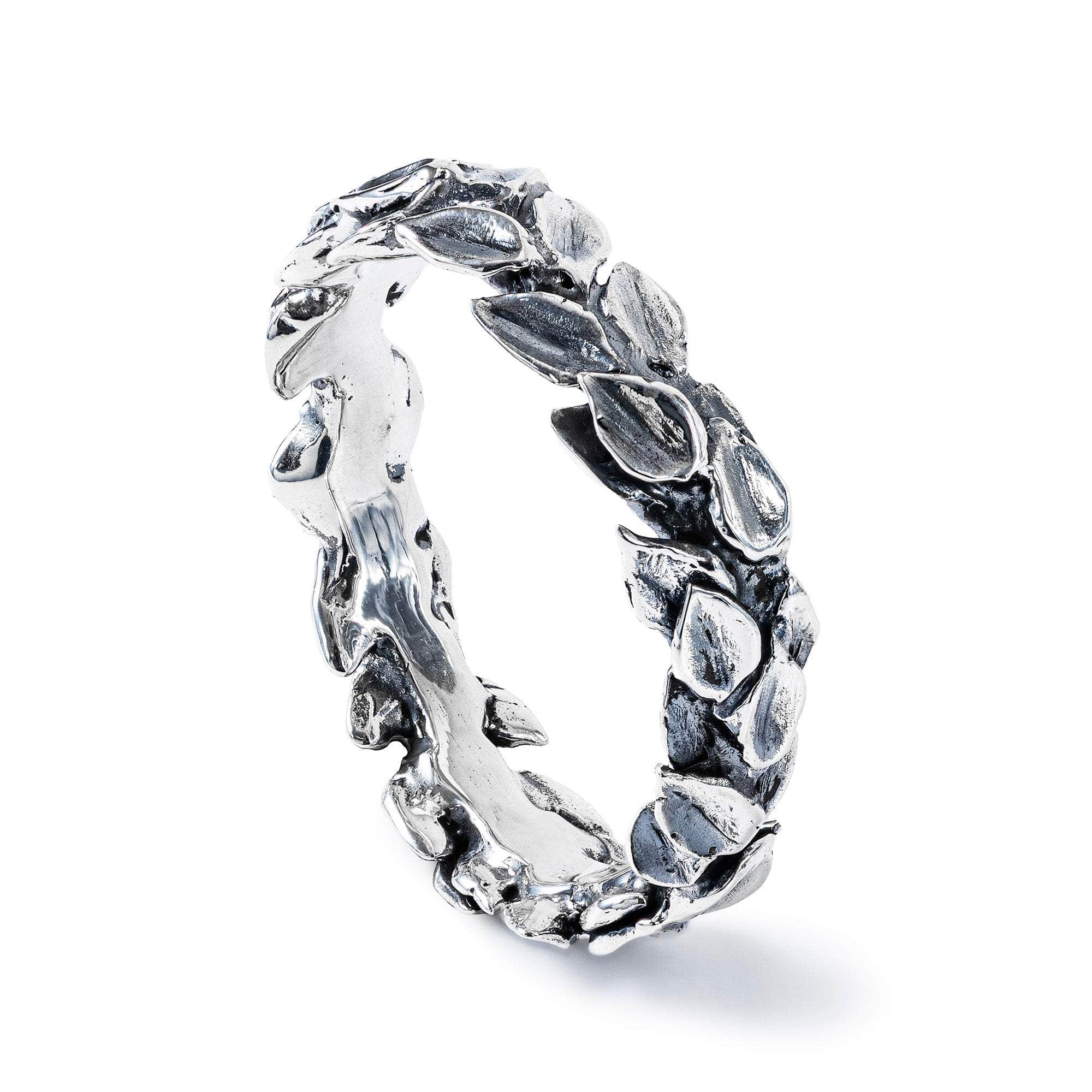 Myrrh Unisex Oxidized Silver Thin Ring with Woven Leaf Design