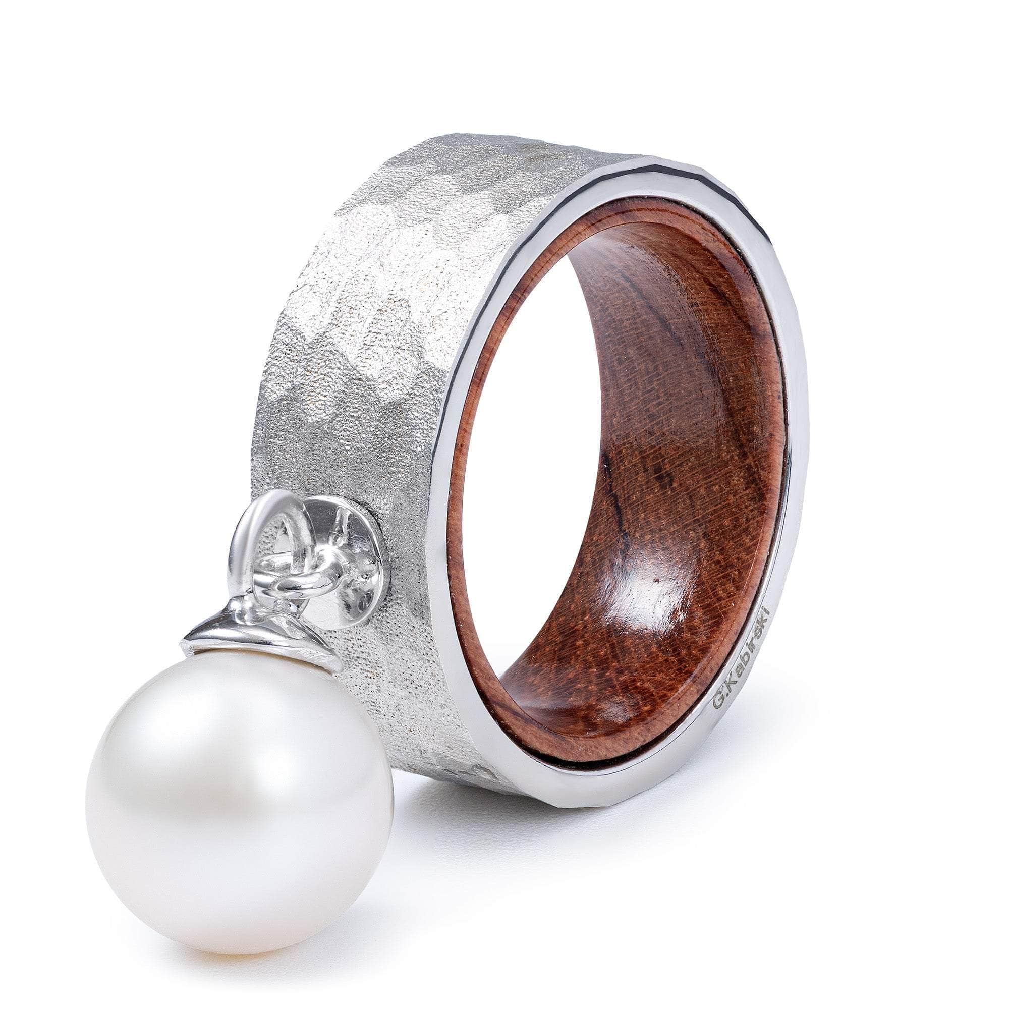 Naia Textured Silver & Rosewood Ring with Suspended Freshwater Pearl
