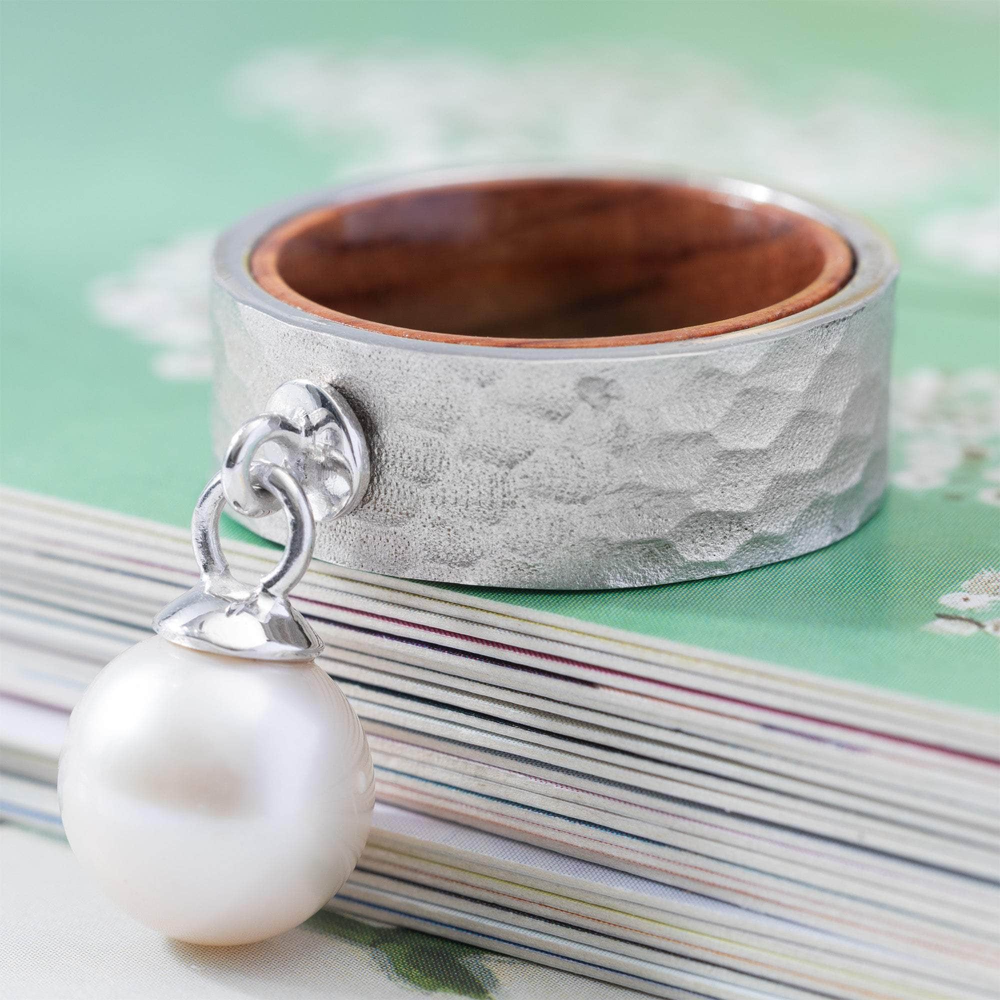 Naia Textured Silver & Rosewood Ring with Suspended Freshwater Pearl
