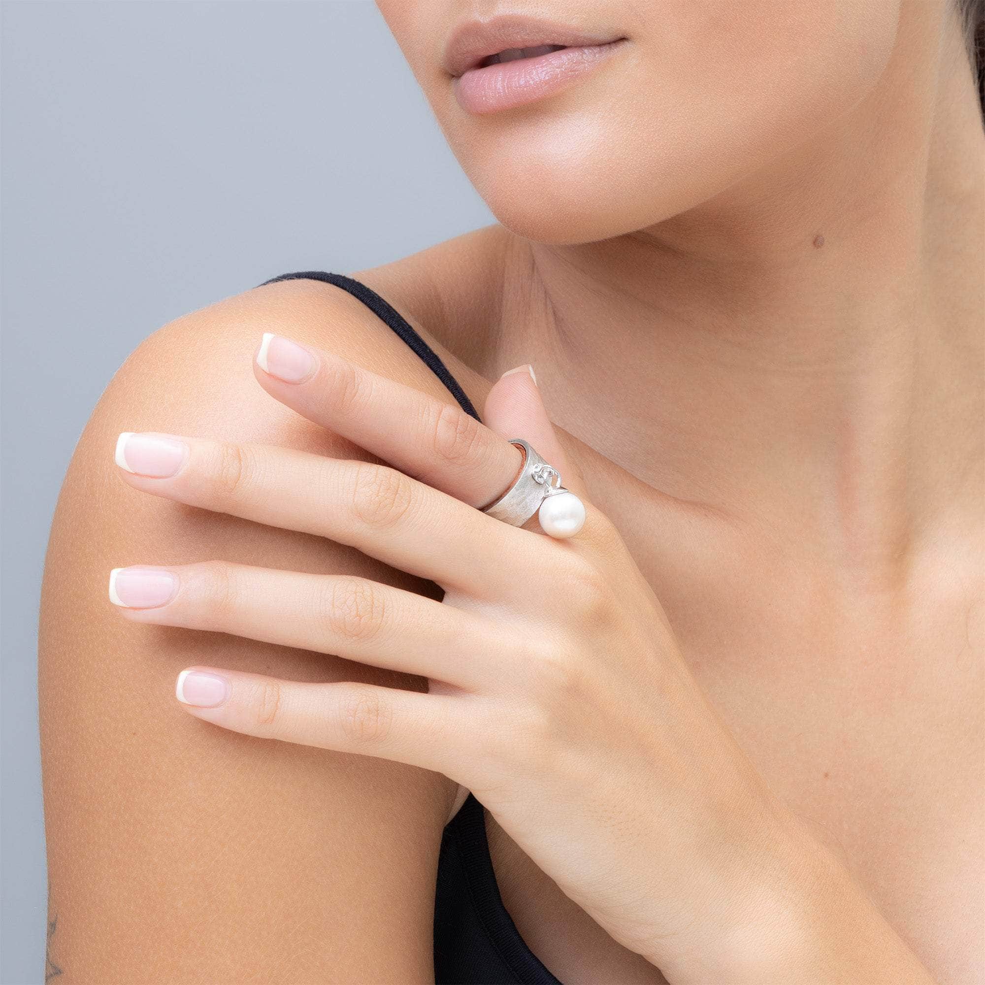 Naia Textured Silver & Rosewood Ring with Suspended Freshwater Pearl