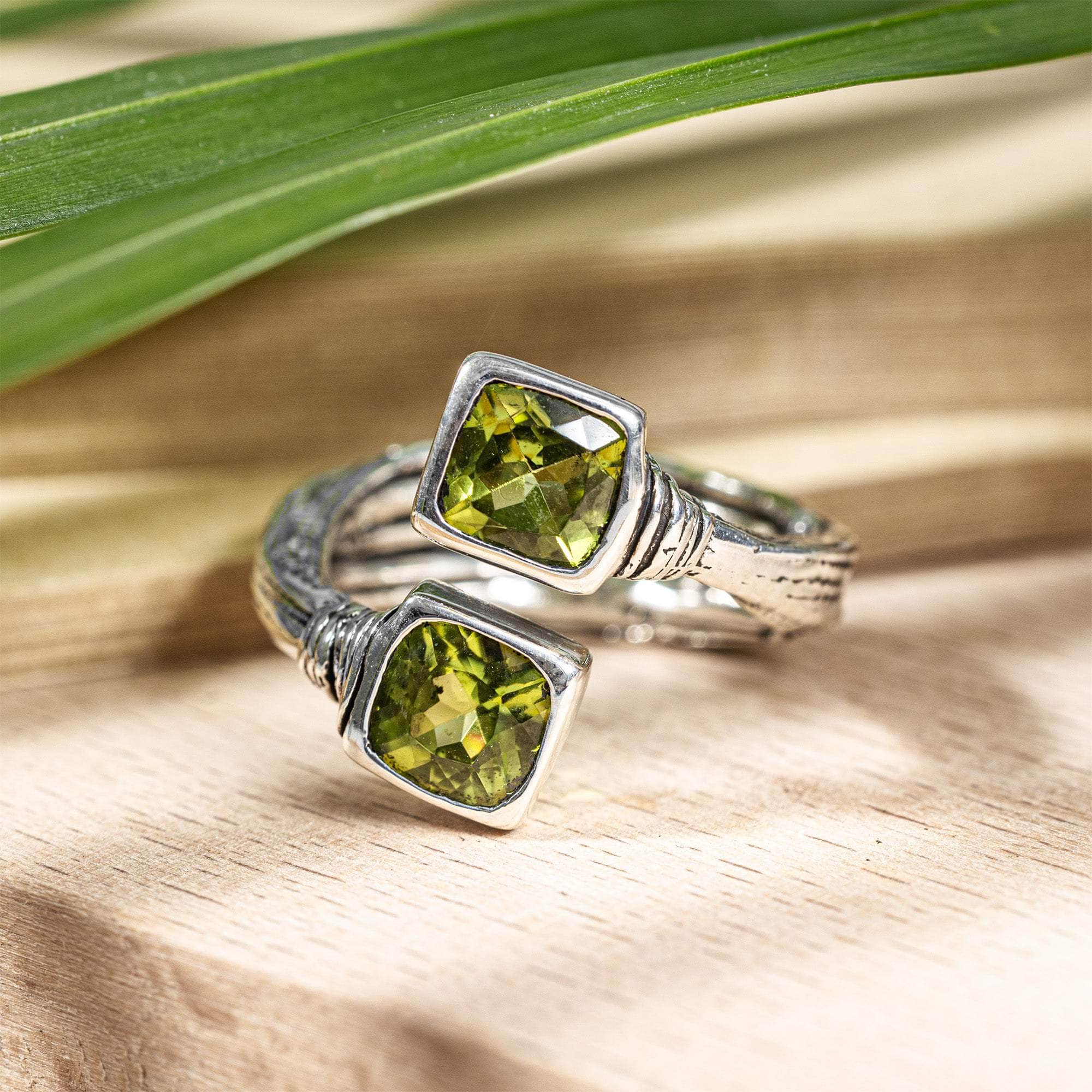 Neith Open Band Ring in Oxidized Silver with Cushion Cut Natural Peridots and Textured Minimalist Design