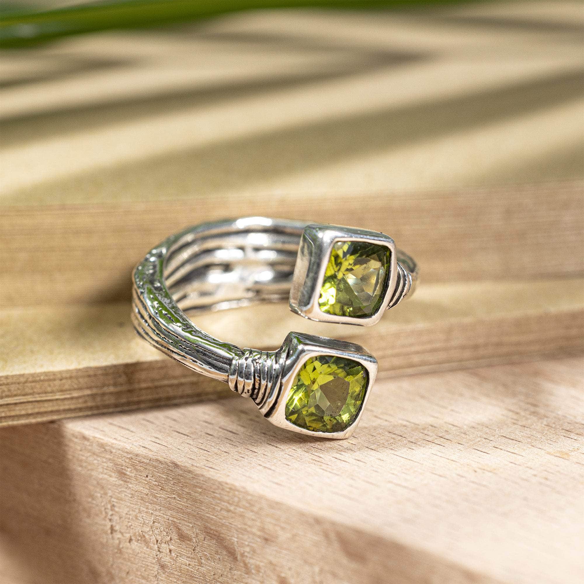 Neith Open Band Ring in Oxidized Silver with Cushion Cut Natural Peridots and Textured Minimalist Design