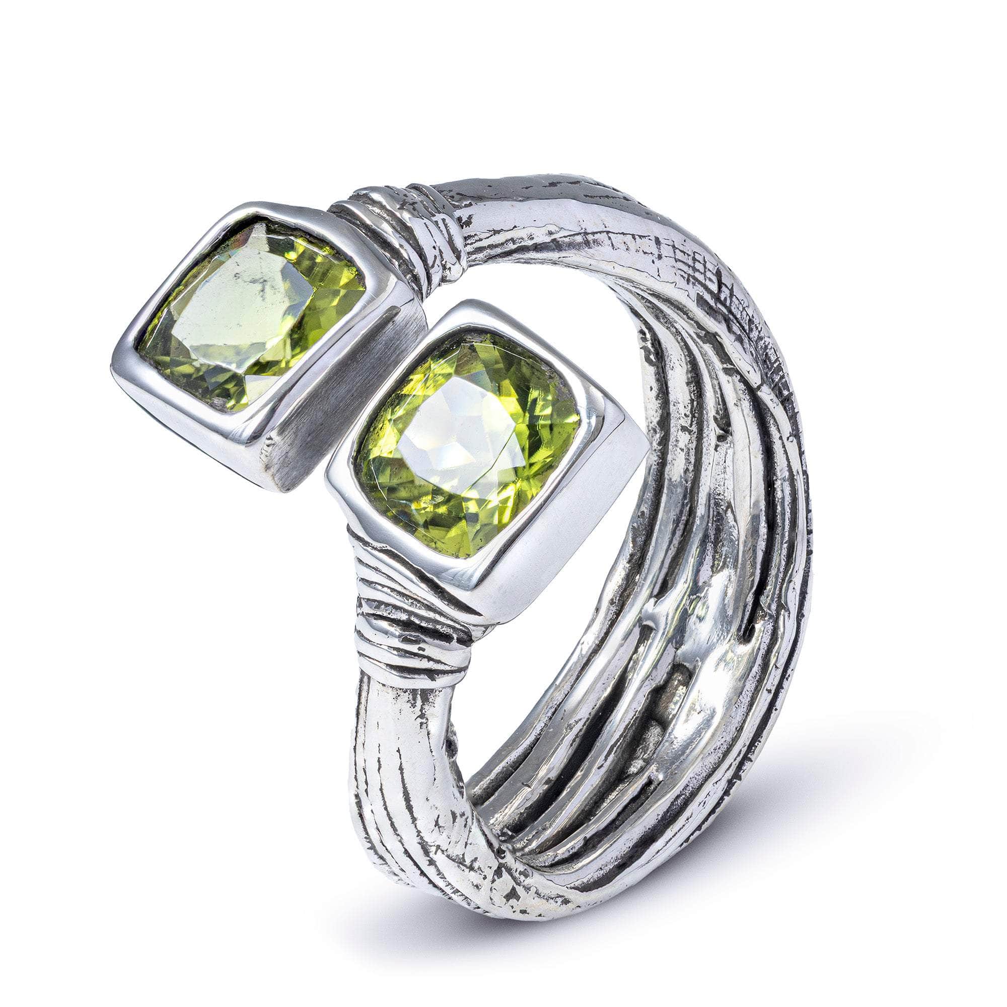 Neith Open Band Ring in Oxidized Silver with Cushion Cut Natural Peridots and Textured Minimalist Design