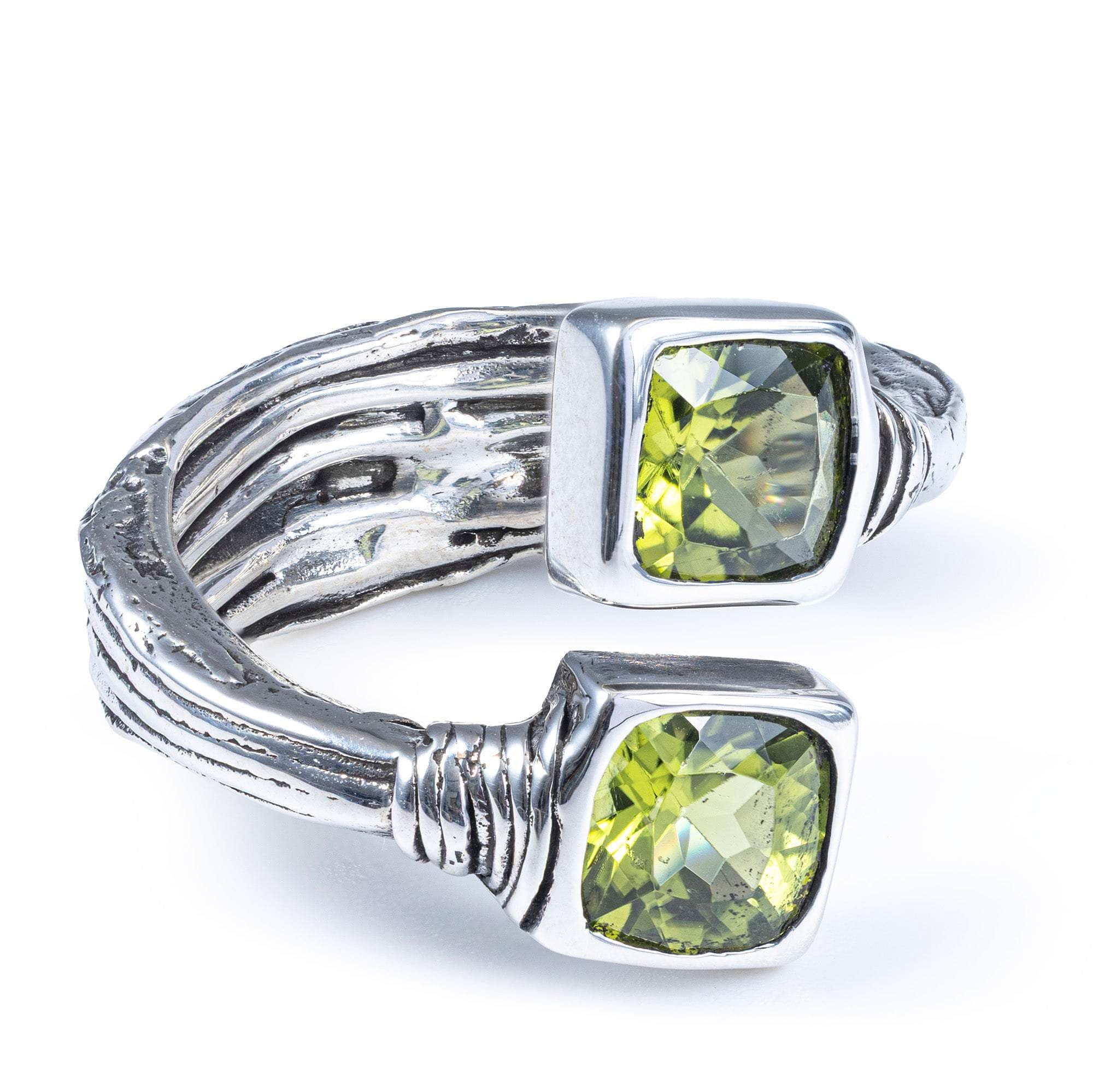 Neith Open Band Ring in Oxidized Silver with Cushion Cut Natural Peridots and Textured Minimalist Design