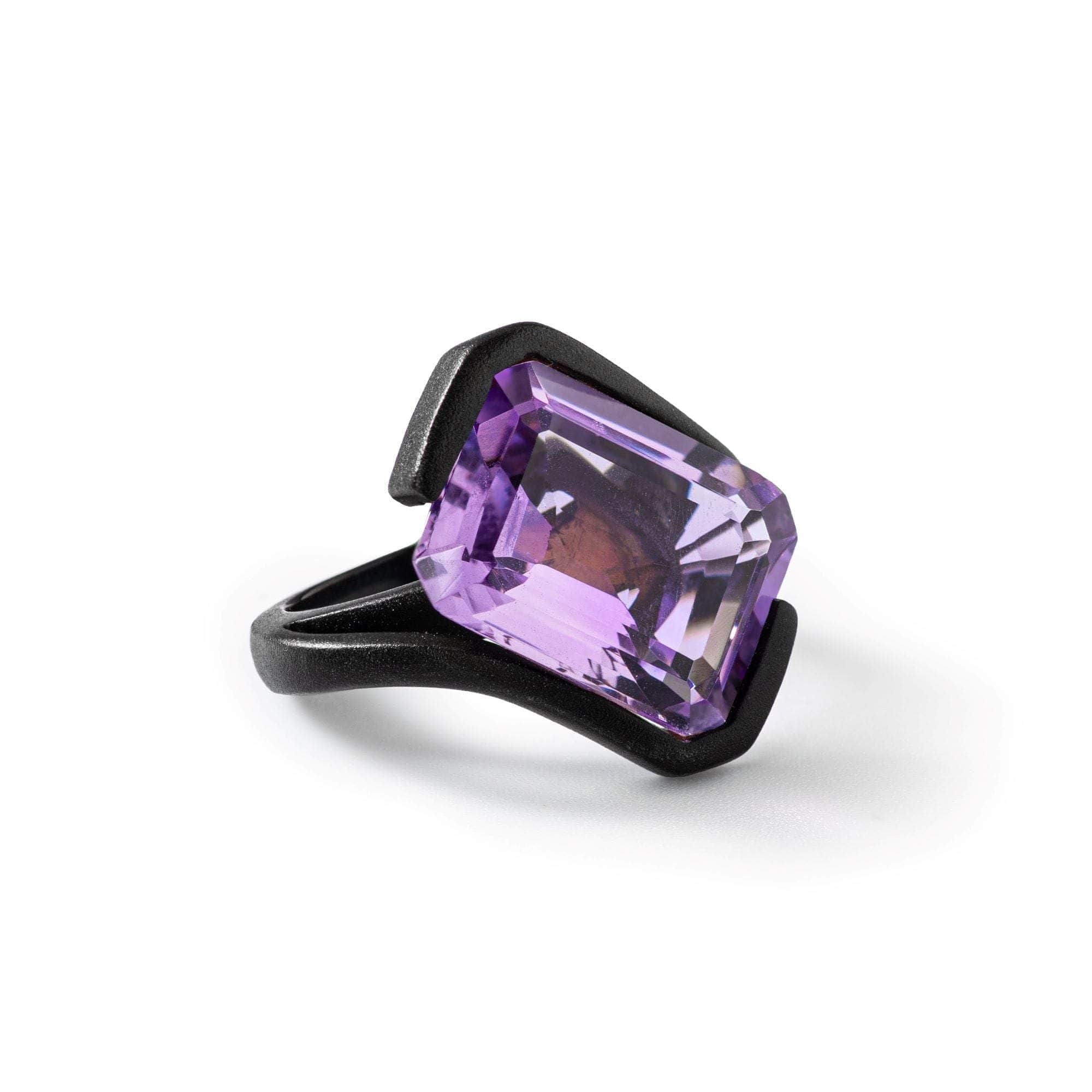 Nektar Iconic Design Black Silver Ring with Natural Octagon-Cut Amethyst