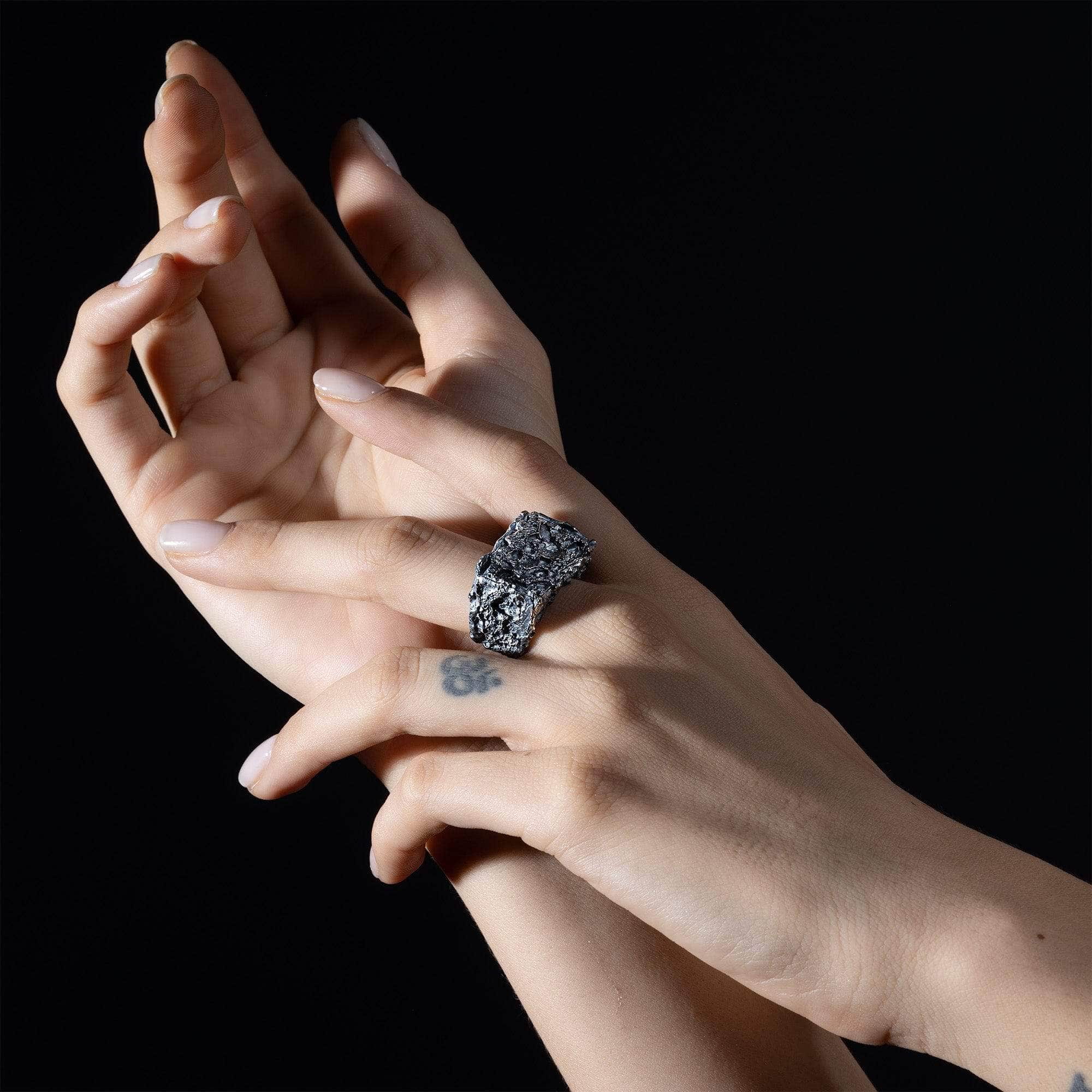 Obsidian Hand-Forged Silver Ring with Organic, Elemental Texture