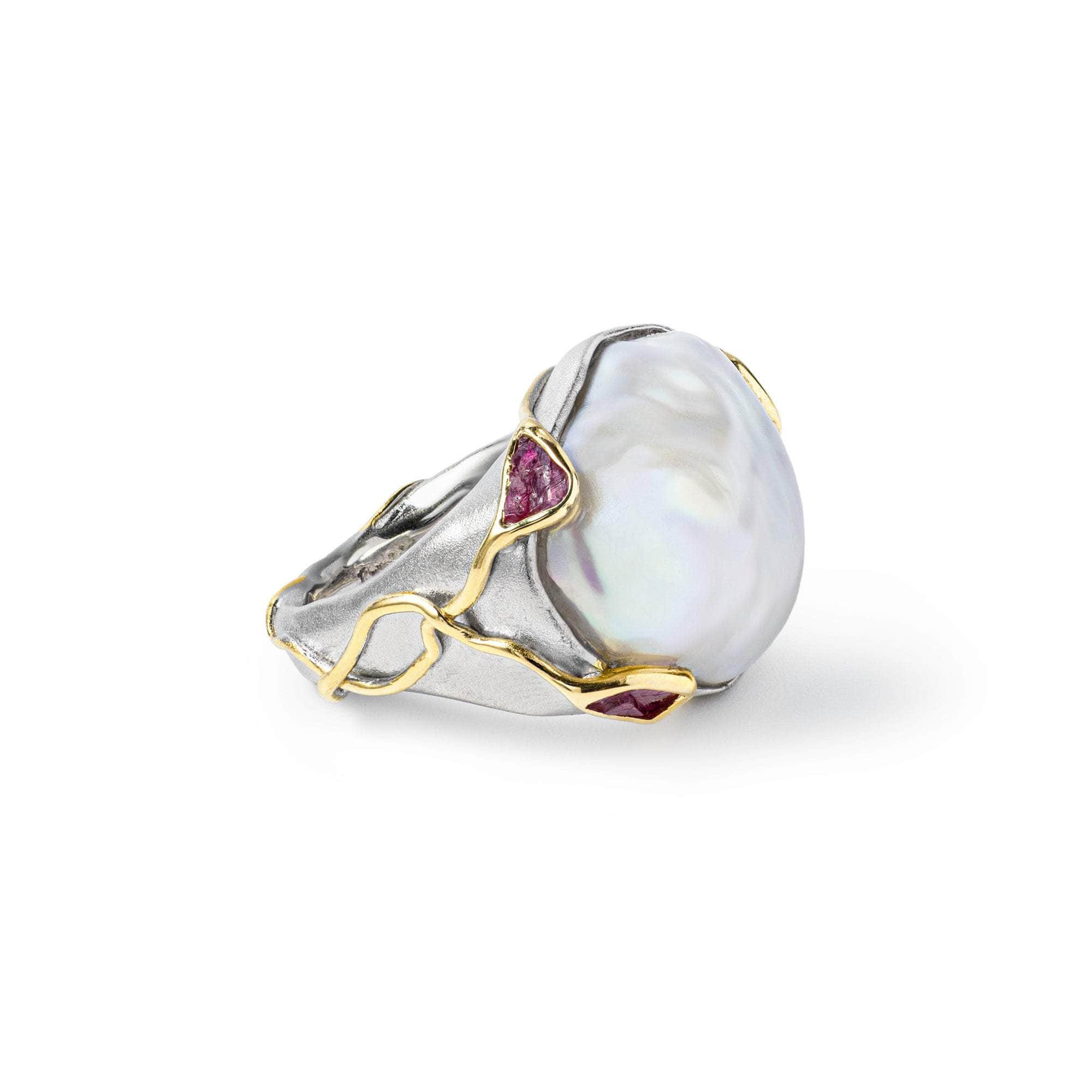 Ono Baroque Pearl and Rough Ruby Ring (White Rhodium and 18K Gold) GERMAN KABIRSKI