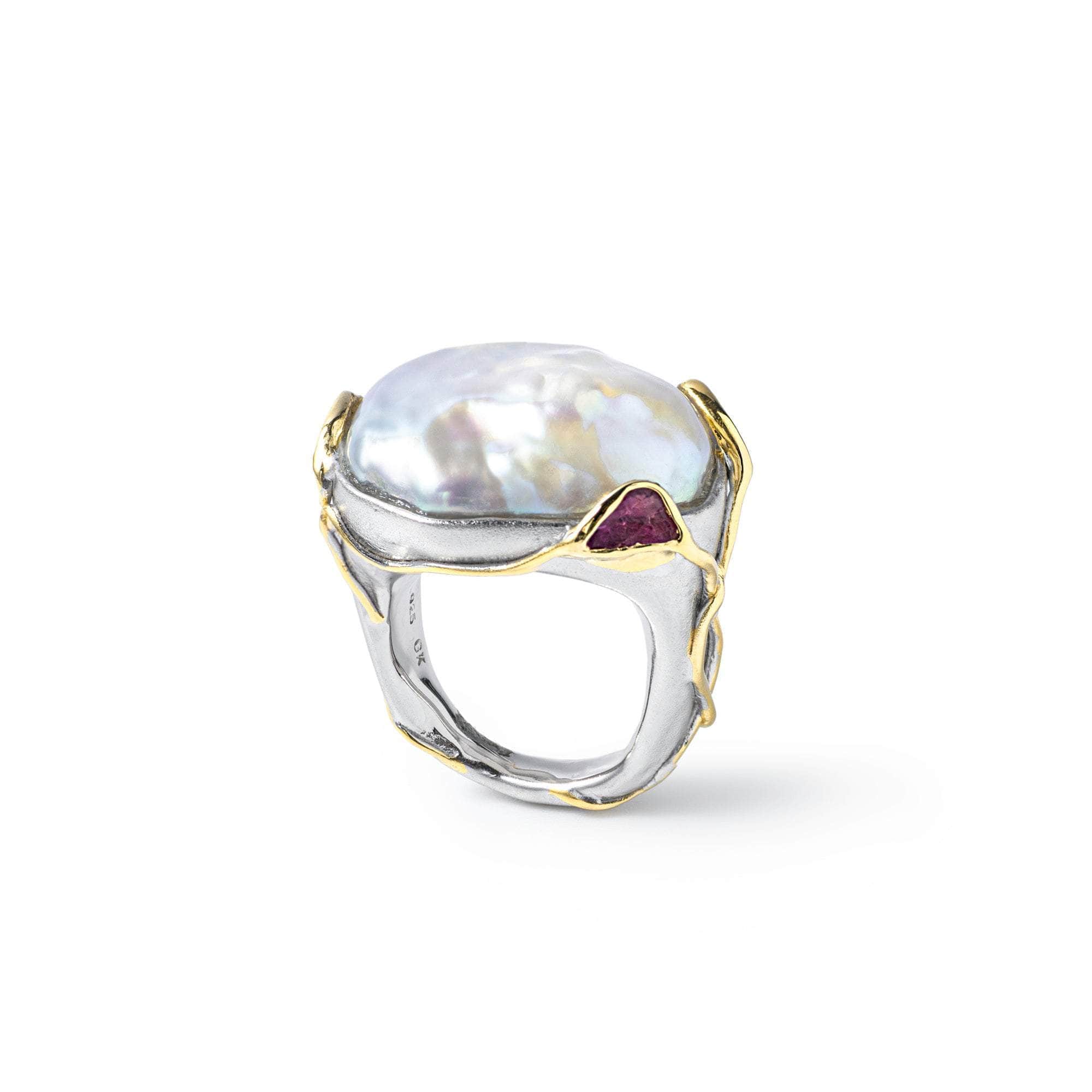 Ono Baroque Pearl and Rough Ruby Ring (White Rhodium and 18K Gold)