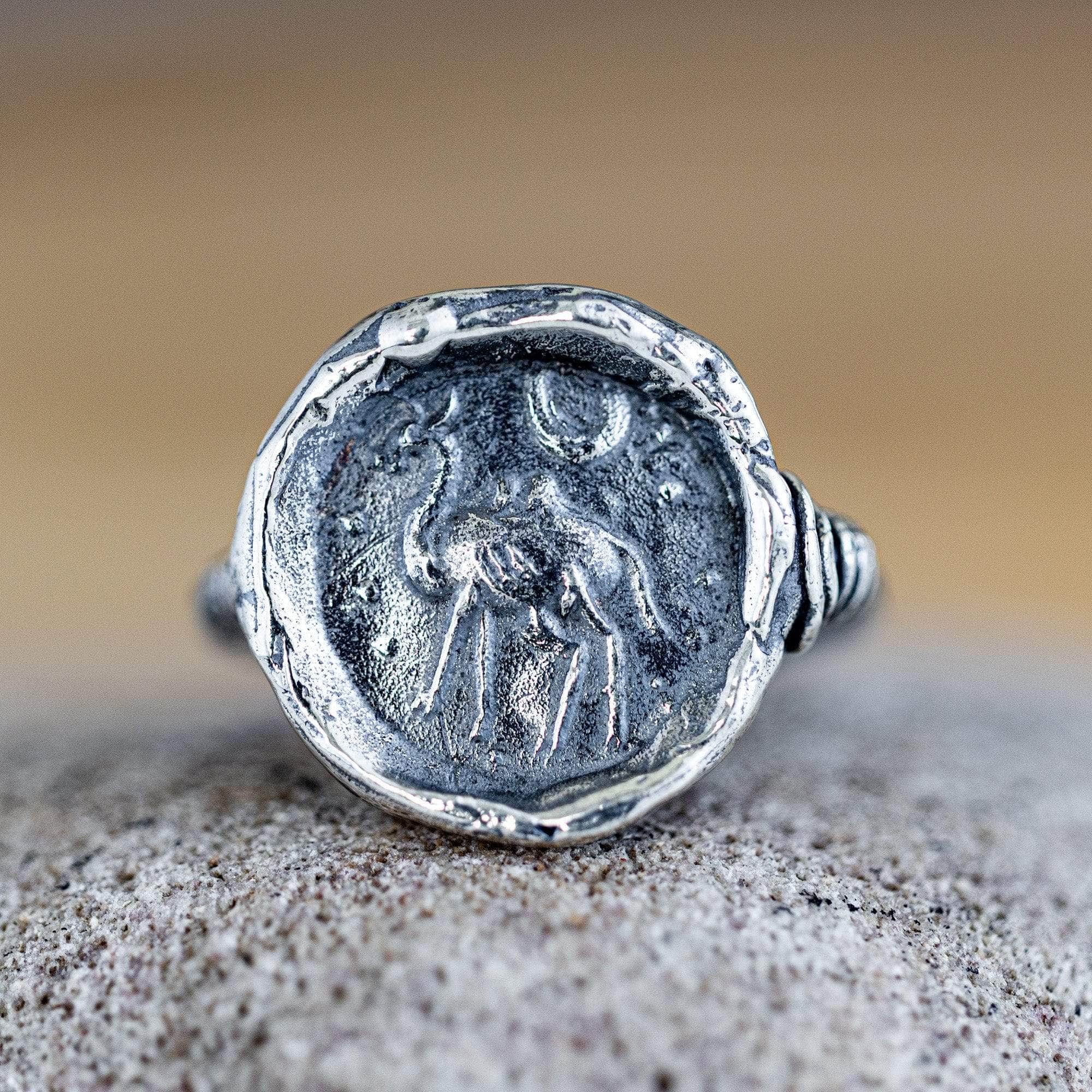 Oxidized 925 Silver Ring with Ancient Bactrian Camel Seal Engraving