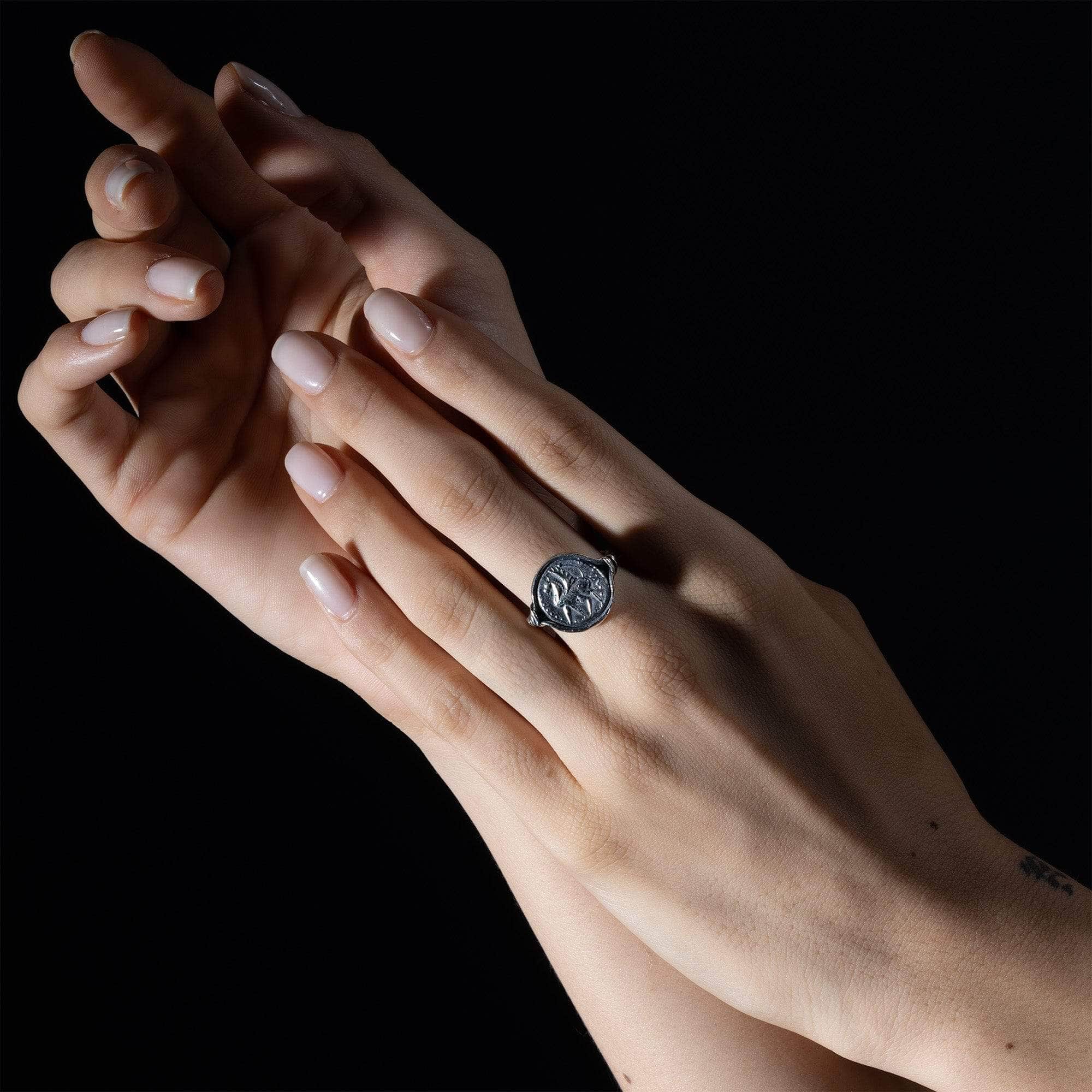 Oxidized 925 Silver Ring with Ancient Pegasus Seal Engraving