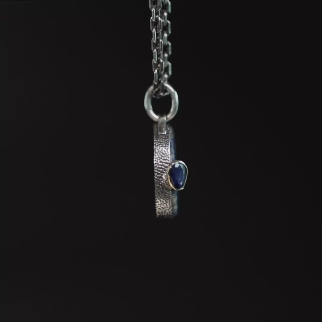 Pterippos Pendant with Authentic Hellenistic Lapis Lazuli Seal in Oxidized 925 Silver & Blue Sapphire in 9K Gold