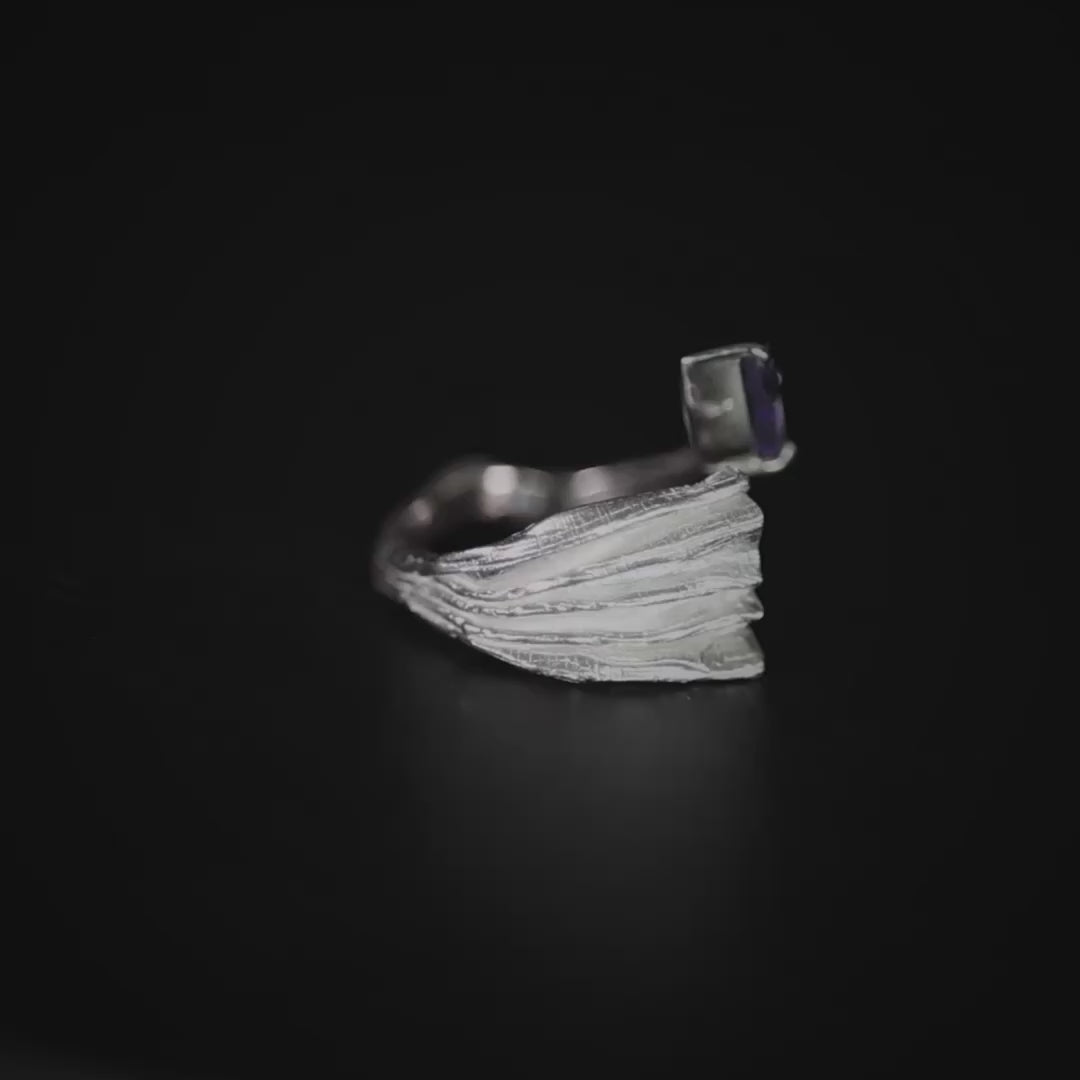Alecto Open Band Ring in Silver with Pear Cut Amethyst and Textured Detail in Anti Tarnish Finish