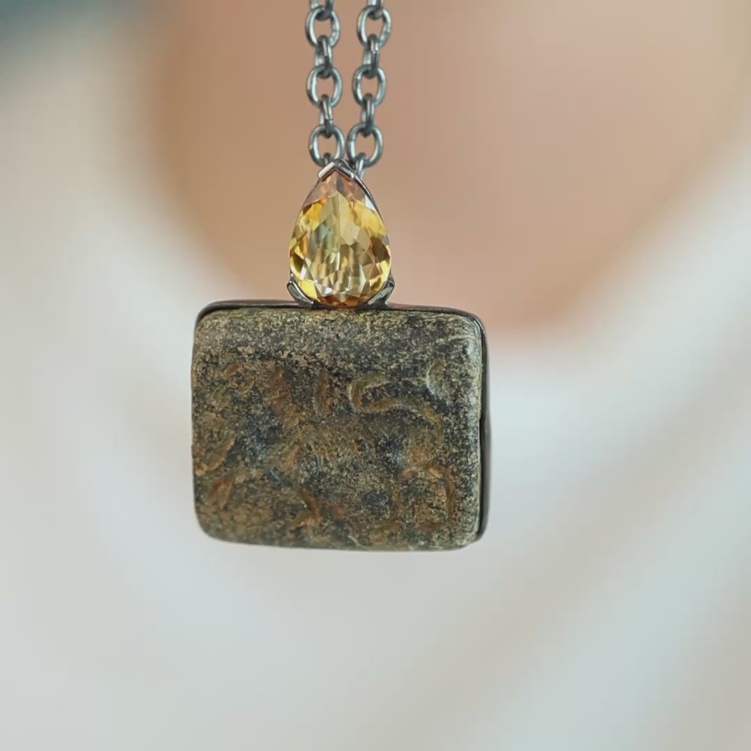 Lamashtu Sterling Silver Pendant with Ancient Near Eastern Steatite Lion Amulet and Natural Citrine Drop