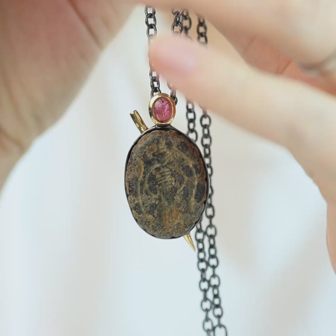 Nergal Sterling Silver Pendant with Ancient Near Eastern Stone Amulet and Natural Pink Tourmaline