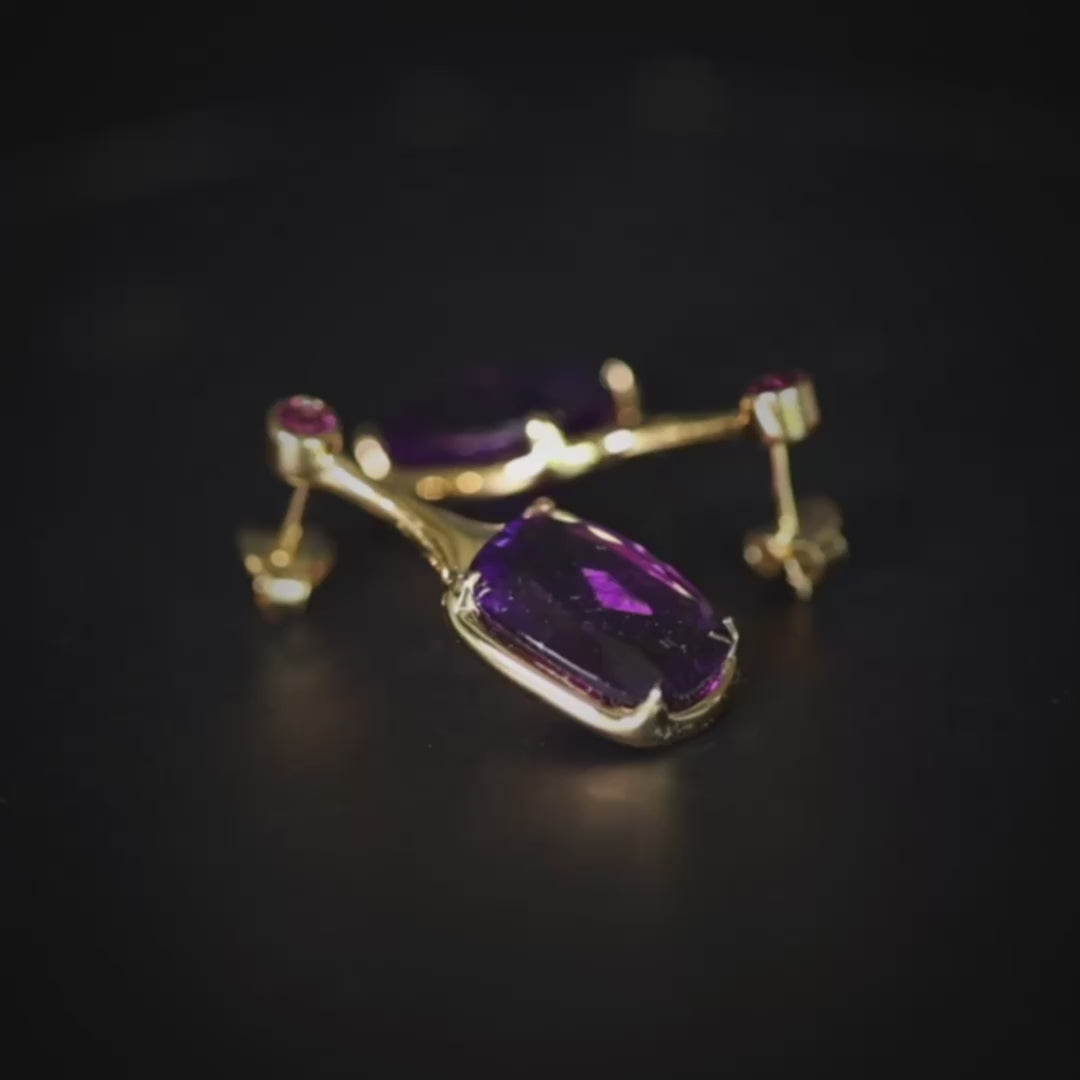 Sitra Designer Earrings with Amethyst and Rhodolite Garnet in 14K Gold Plated Silver