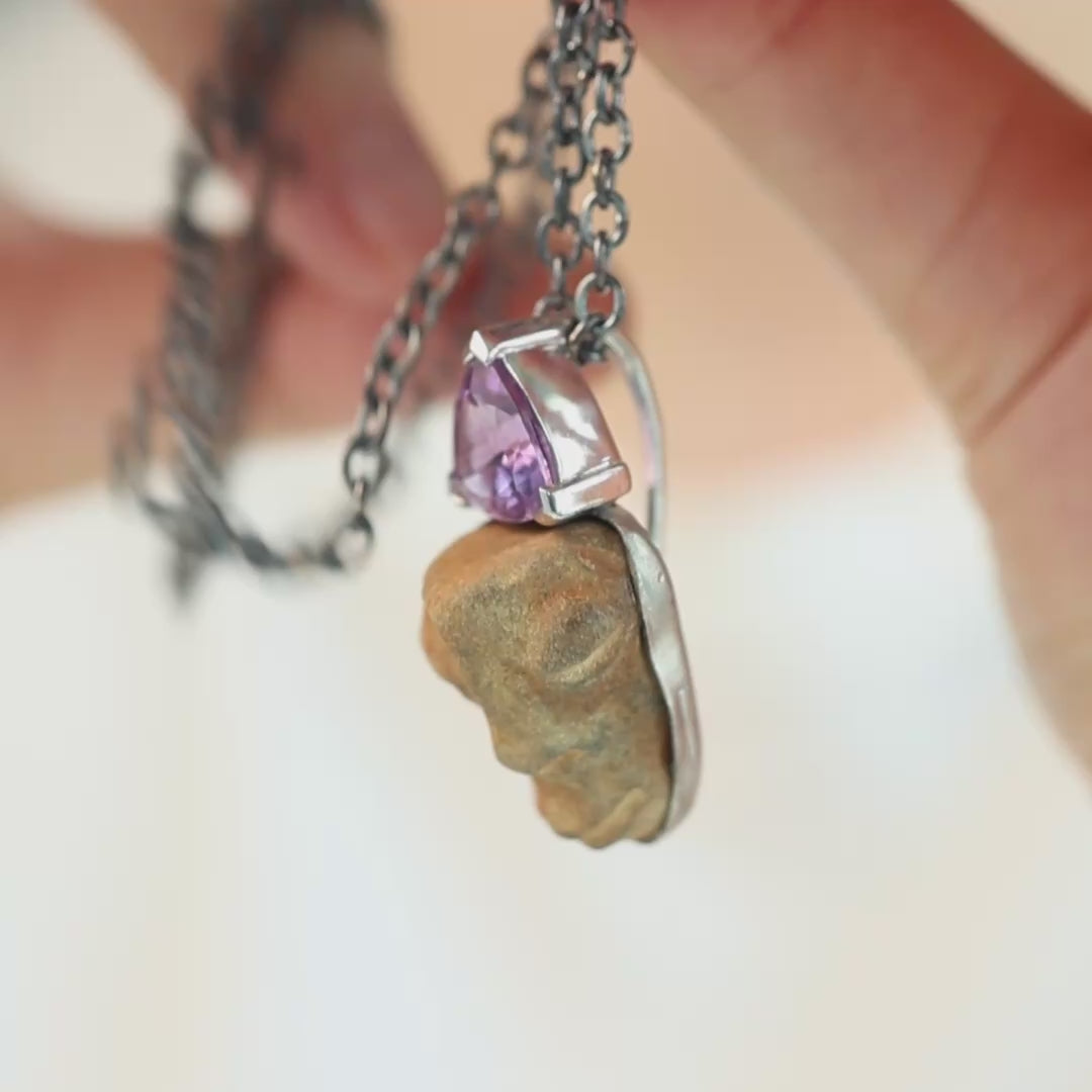 Tanit Sterling Silver Pendant with Ancient Mediterranean Limestone Maskette & Trillion Amethyst