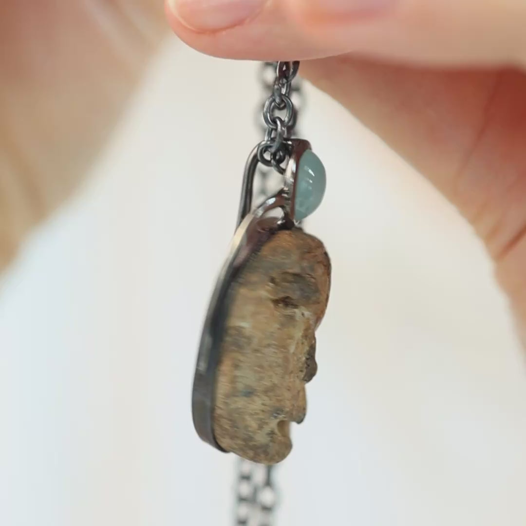 Strix Sterling Silver Pendant with Ancient Mediterranean Limestone Maskette & Oval Aquamarine
