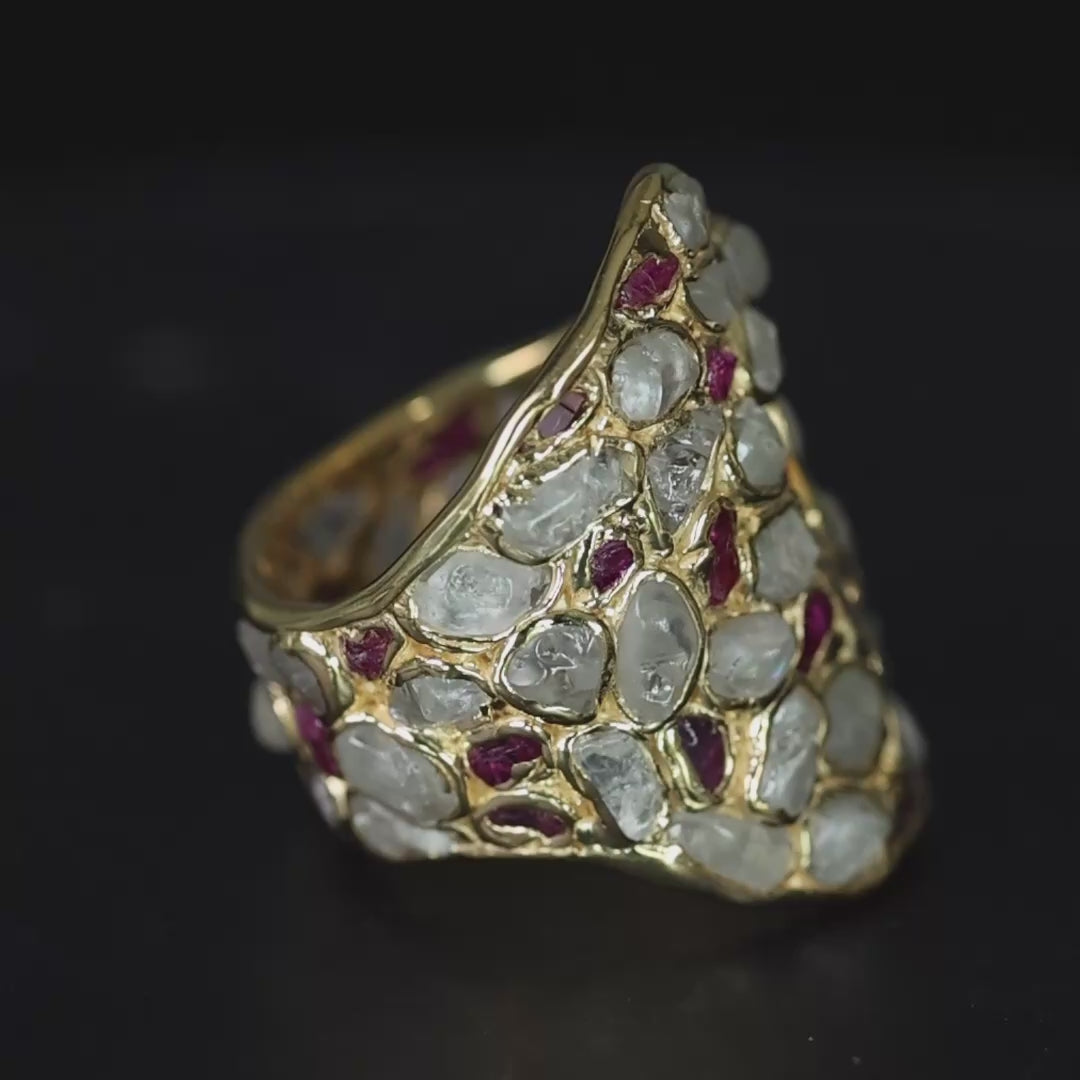 Kelea Handcrafted Ring with Raw Natural White Zircon & Ruby Accents in 14K Gold Plated Silver