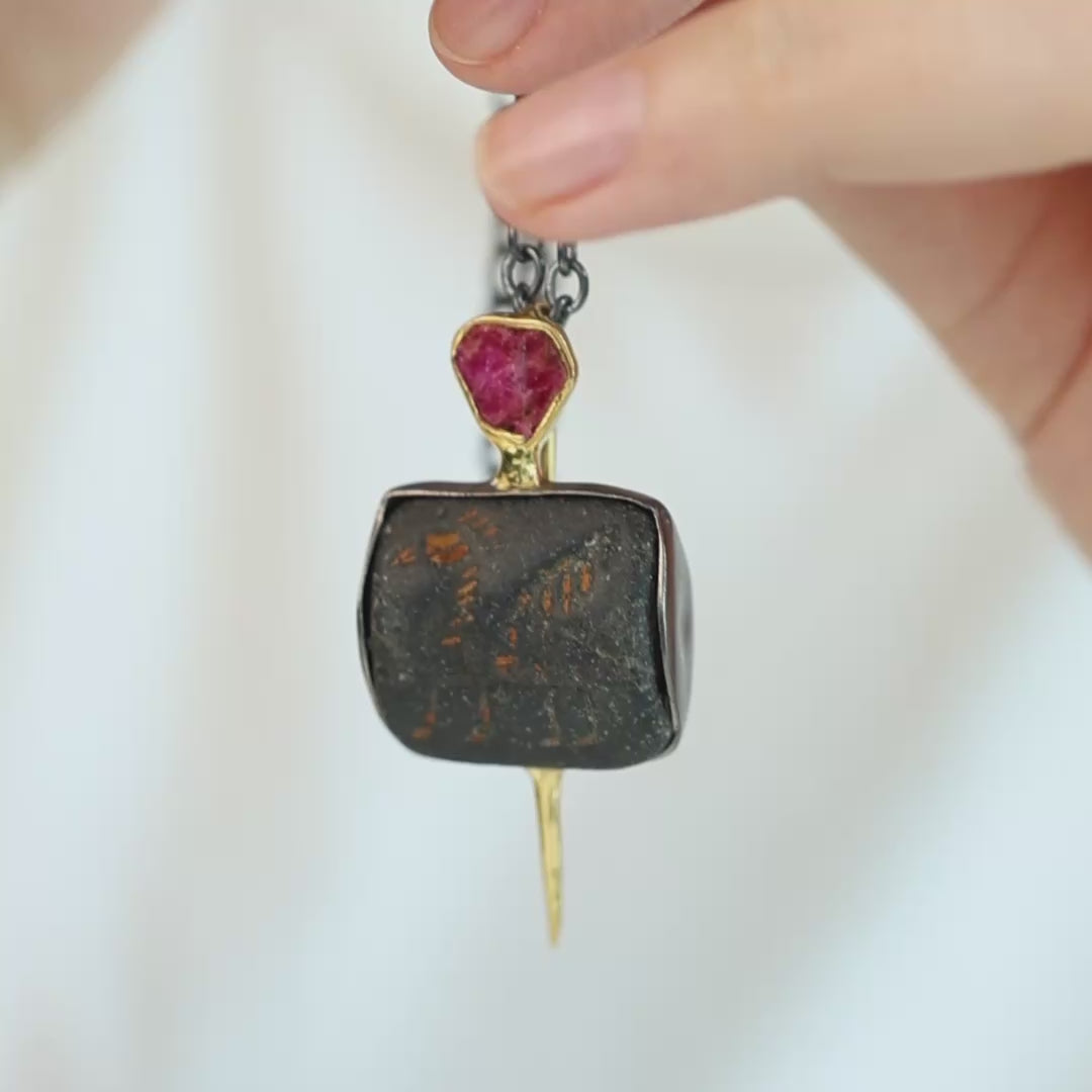 Ur Sterling Silver Pendant with Ancient Neo-Sumerian Steatite Stamp Seal & Rough Ruby