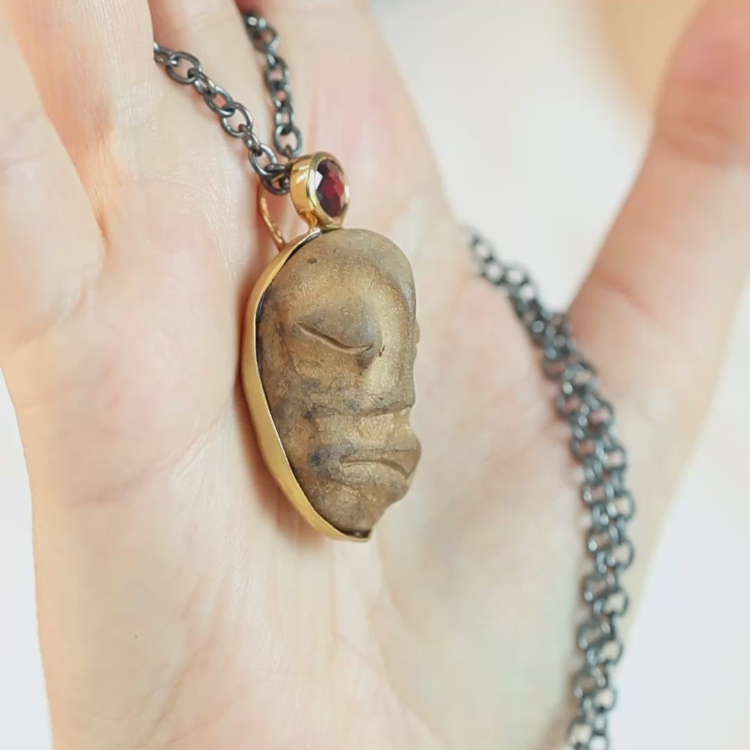 Eirene Sterling Silver Pendant with Ancient Mediterranean Limestone Maskette & Pink Tourmaline