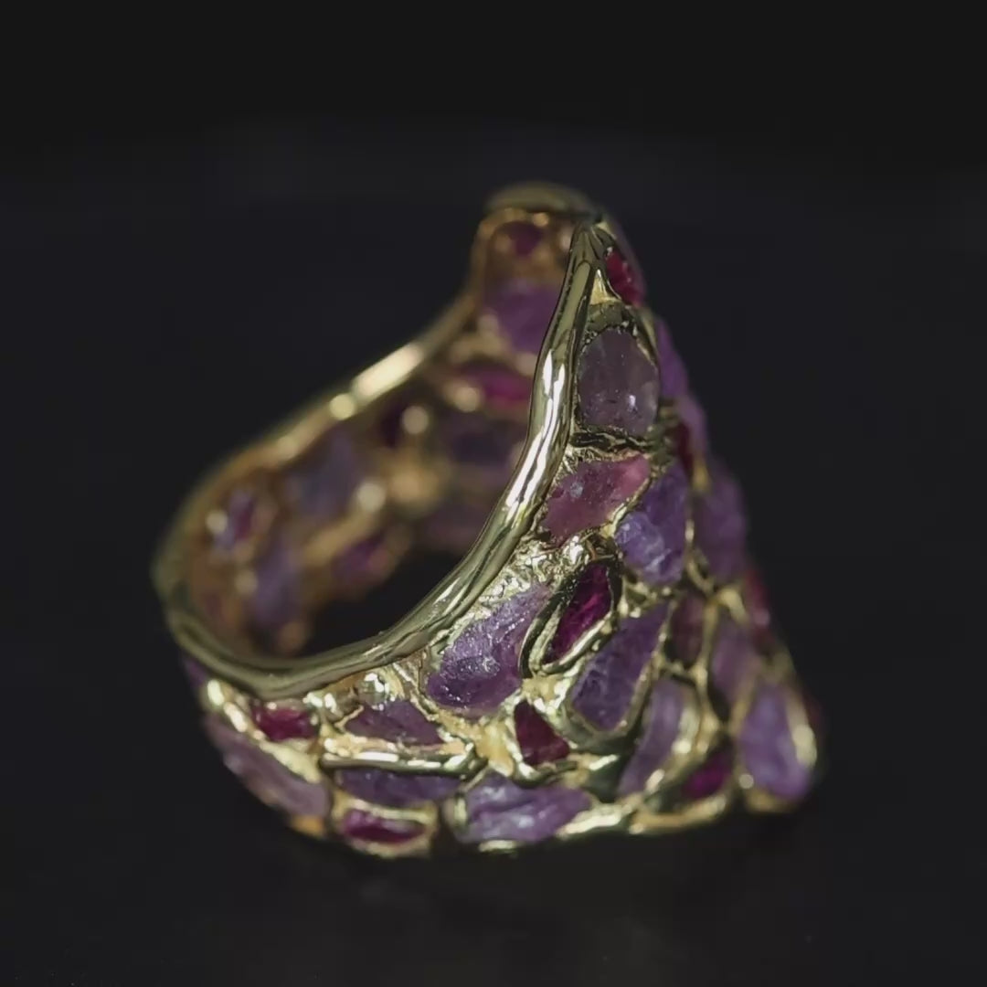 Kelea Handcrafted Ring with Raw Pink Sapphire & Ruby in 14K Gold Plated Silver