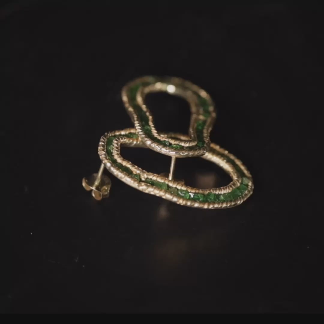 Arven Sculptured Gold Plated Silver Earrings with Raw Tsavorite Garnet