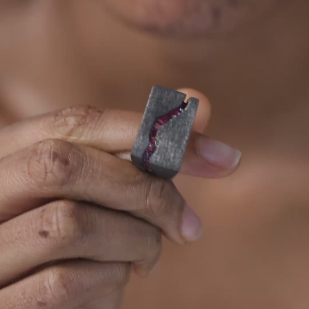Evander Singular Edition Raw Ruby Signet Ring in Black Ruthenium-Plated Sterling Silver