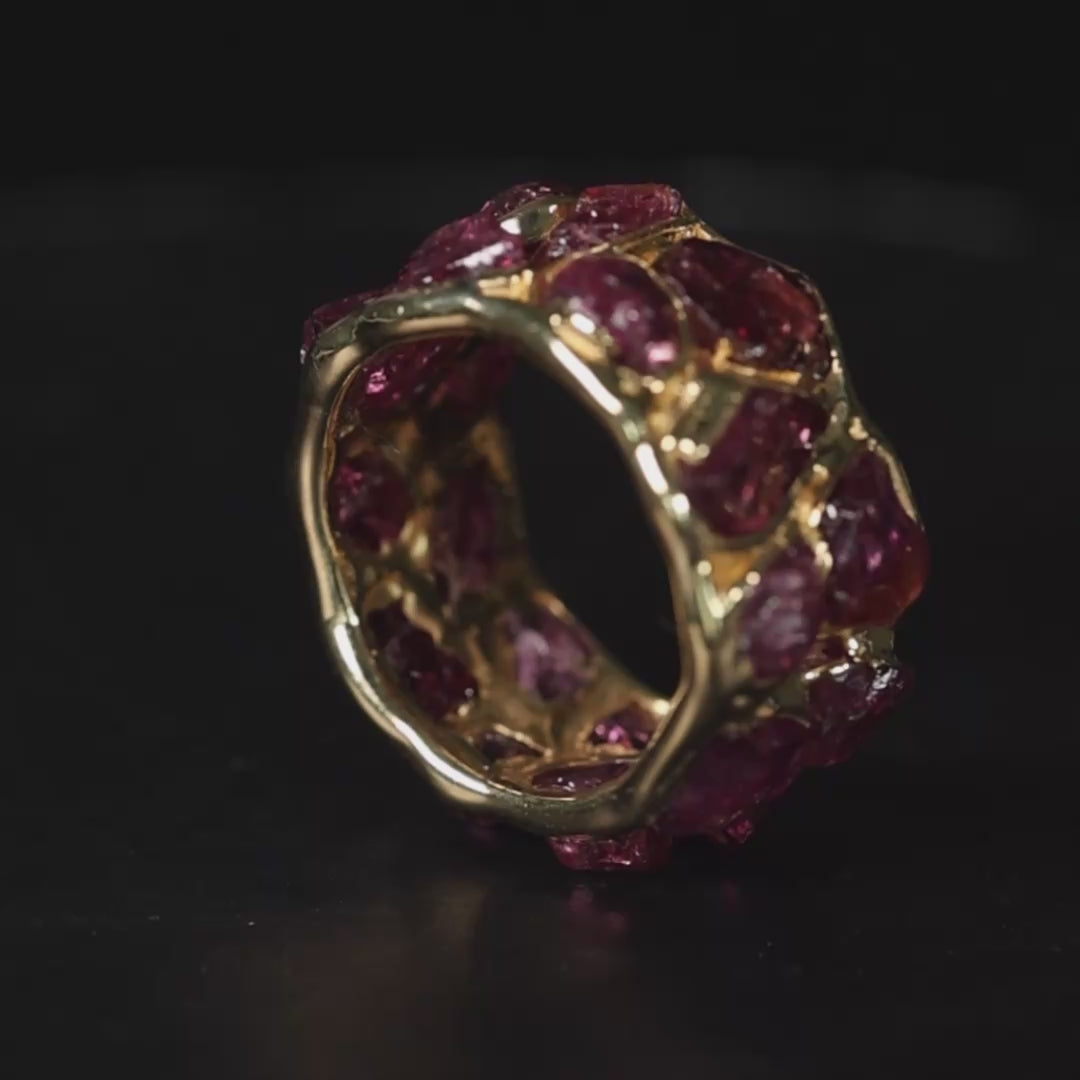 Enyo Handcrafted Barrel Ring with Rough Pyrope Garnet in 14K Gold Plated Silver