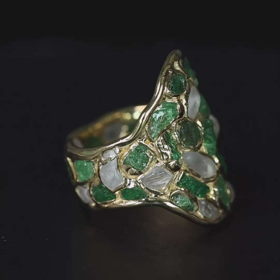 Kelea Handcrafted Ring with Raw Natural White Zircon & Tsavorite Garnet in 14K Gold Plated Silver