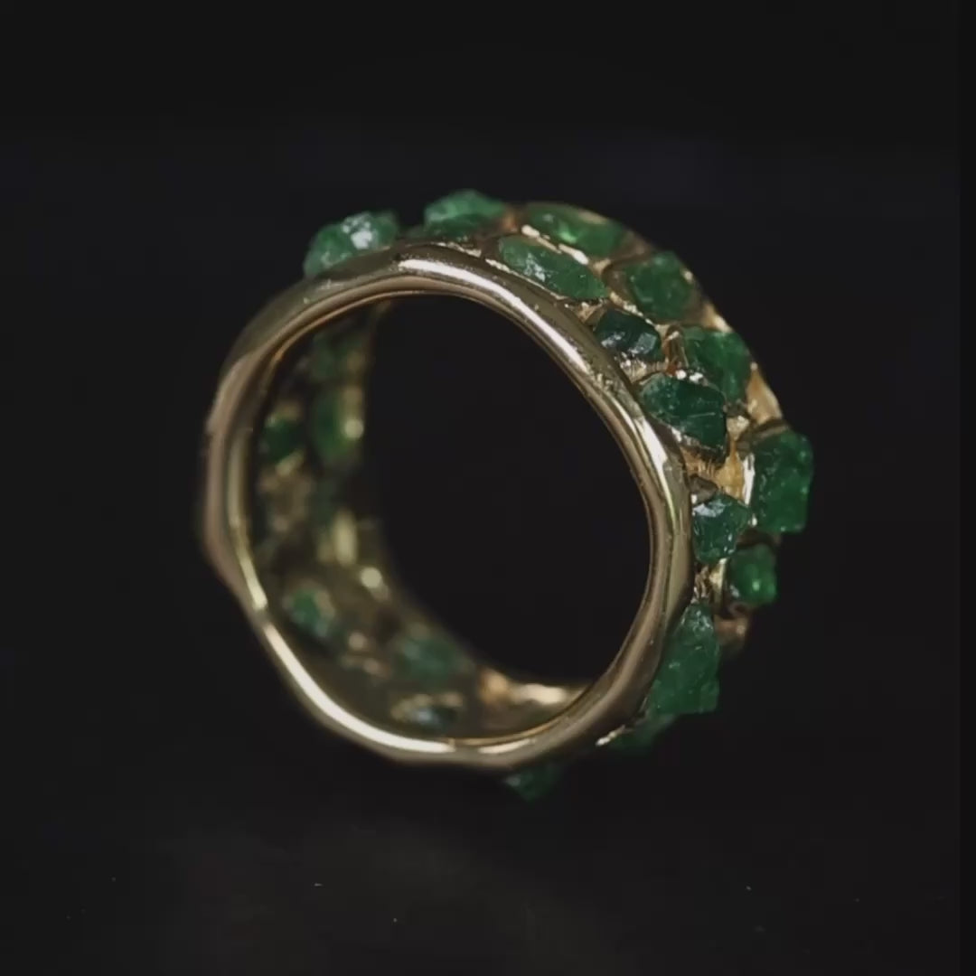 Viridi Wide Barrel Ring with Raw Green Tsavorite in Sterling Silver with 14K Gold Plating