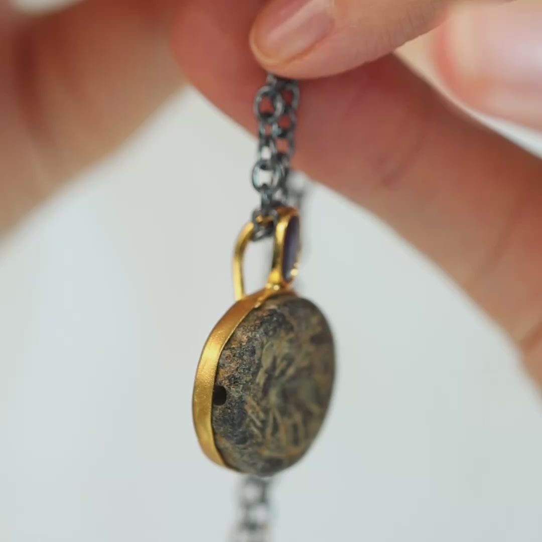 Shedu Silver Necklace with Ancient Near Eastern Steatite Winged Figure Amulet and Natural Sapphire