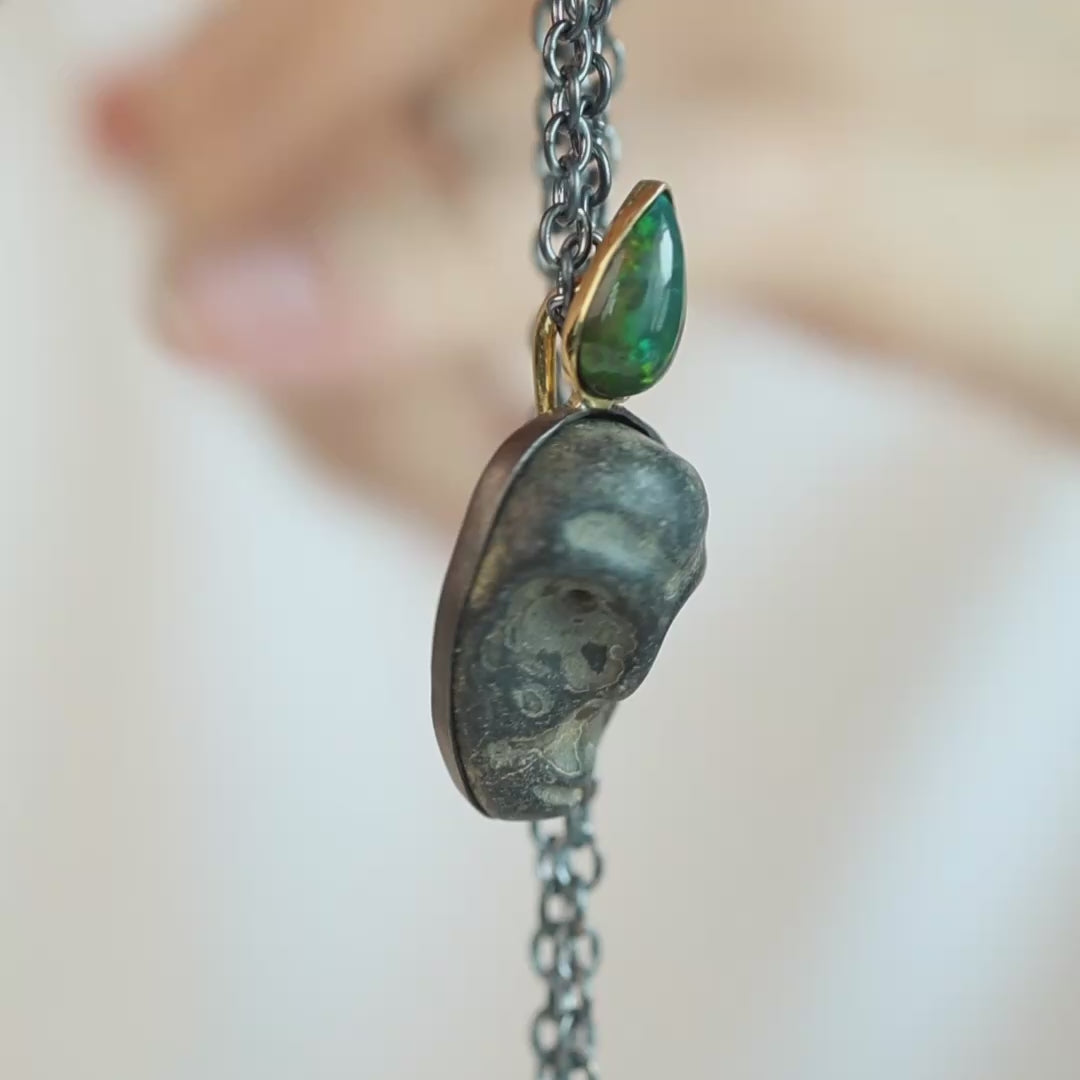 Mormo Sterling Silver Pendant with Ancient Mediterranean Limestone Maskette & Black Opal