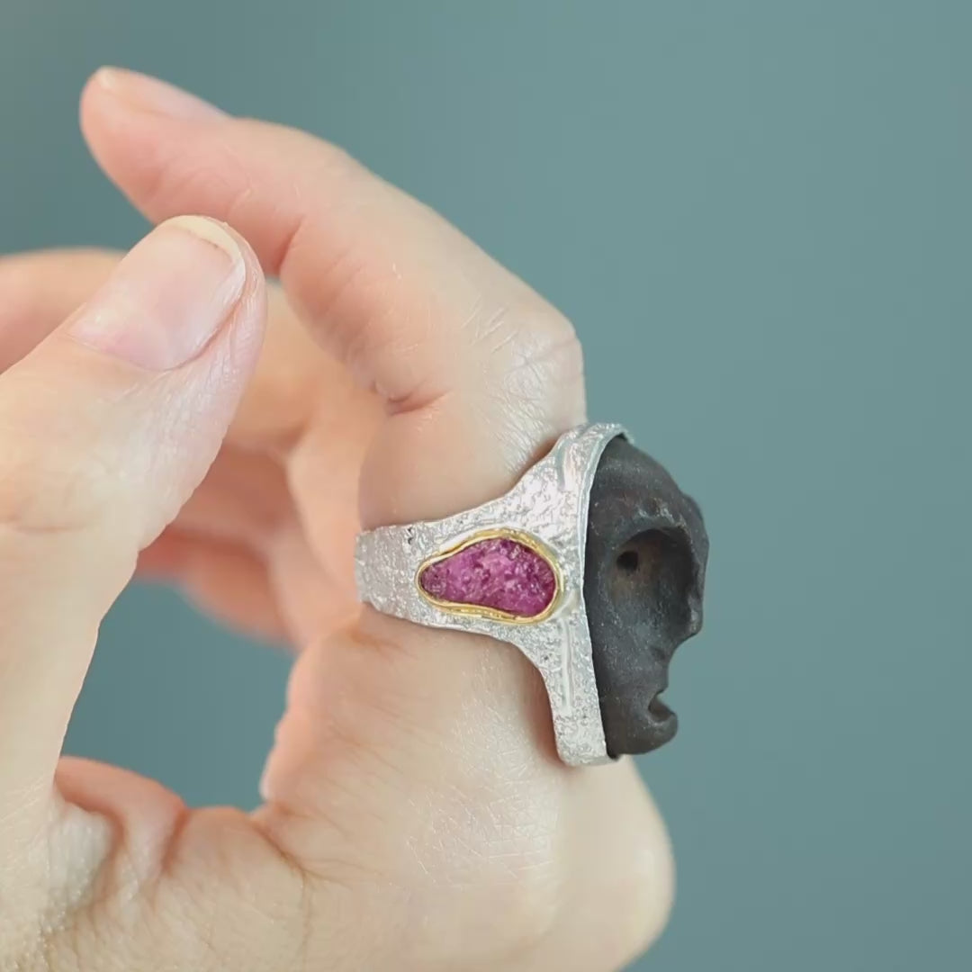 Moros Sterling Silver Ring with Ancient Mediterranean Limestone Maskette & Natural Rough Ruby