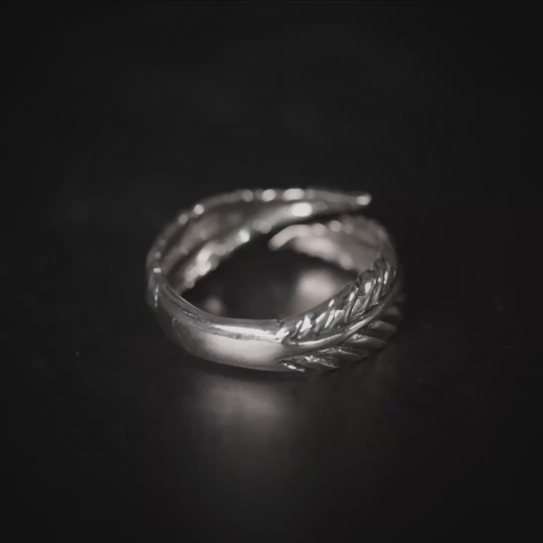 Calyx Unisex Oxidized Silver Open Ring with Fern-Inspired Design