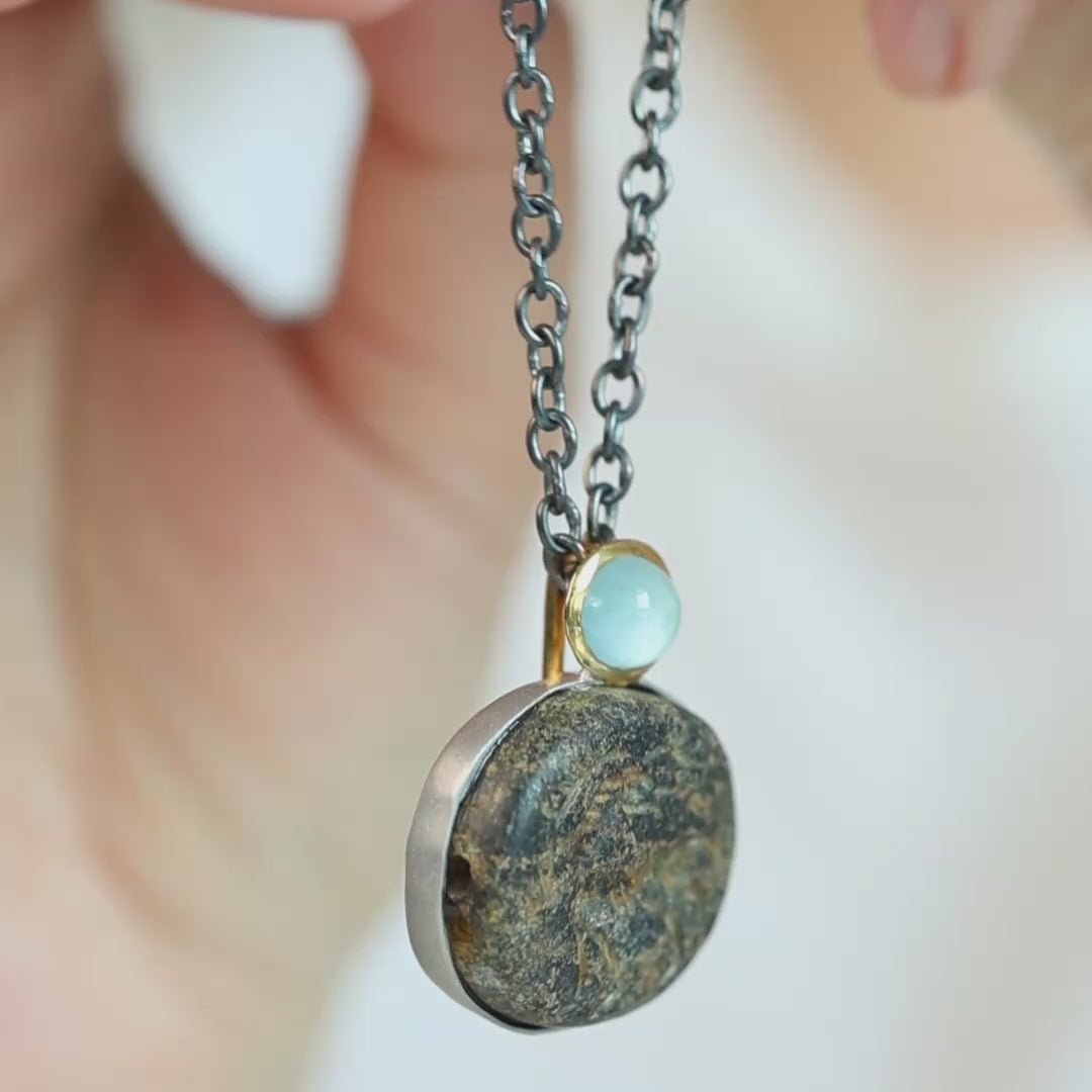 Lilitu Sterling Silver Pendant with Ancient Near Eastern Steatite Zoomorphic Amulet and Natural Aquamarine