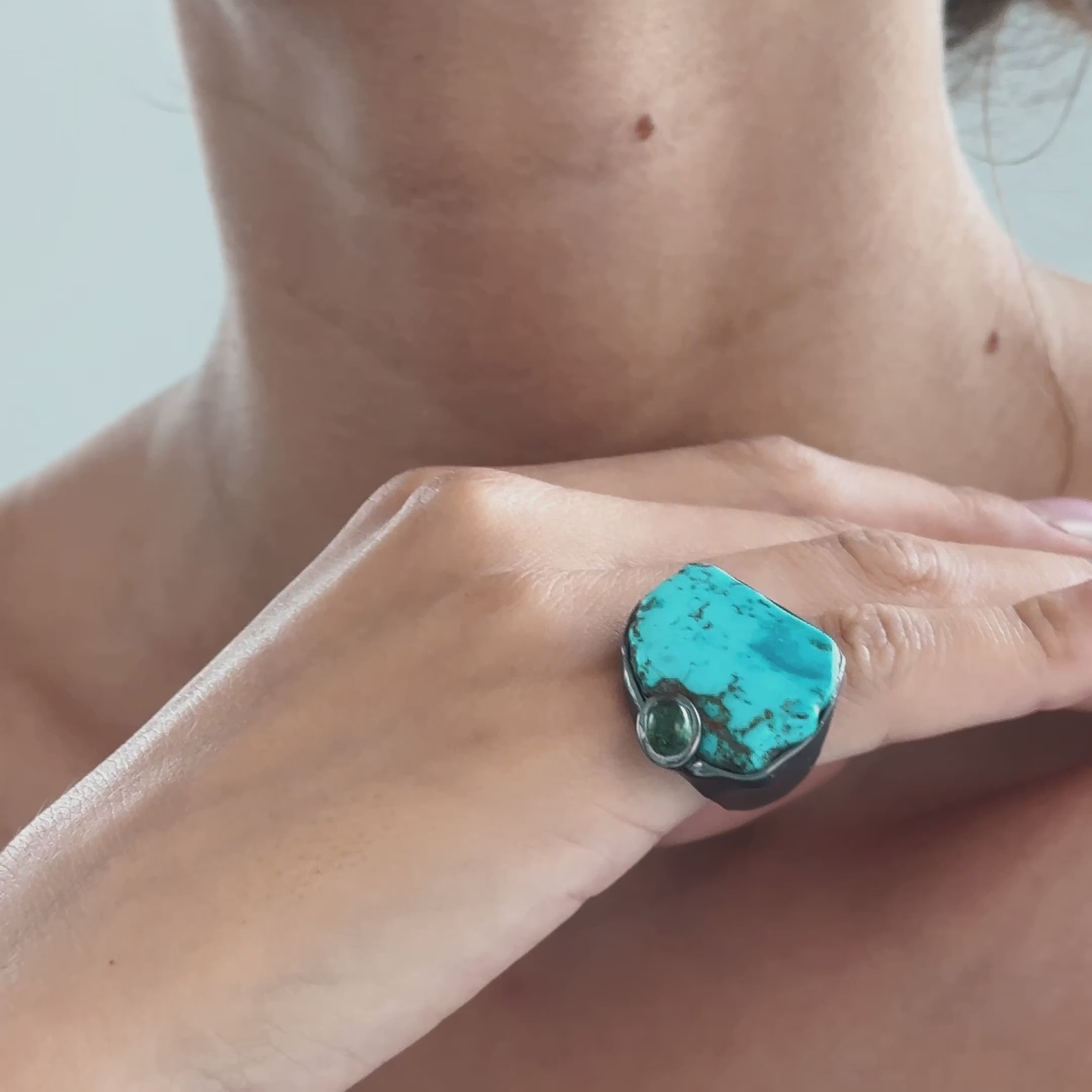 Aarde Rough Turquoise and Tourmaline Ring