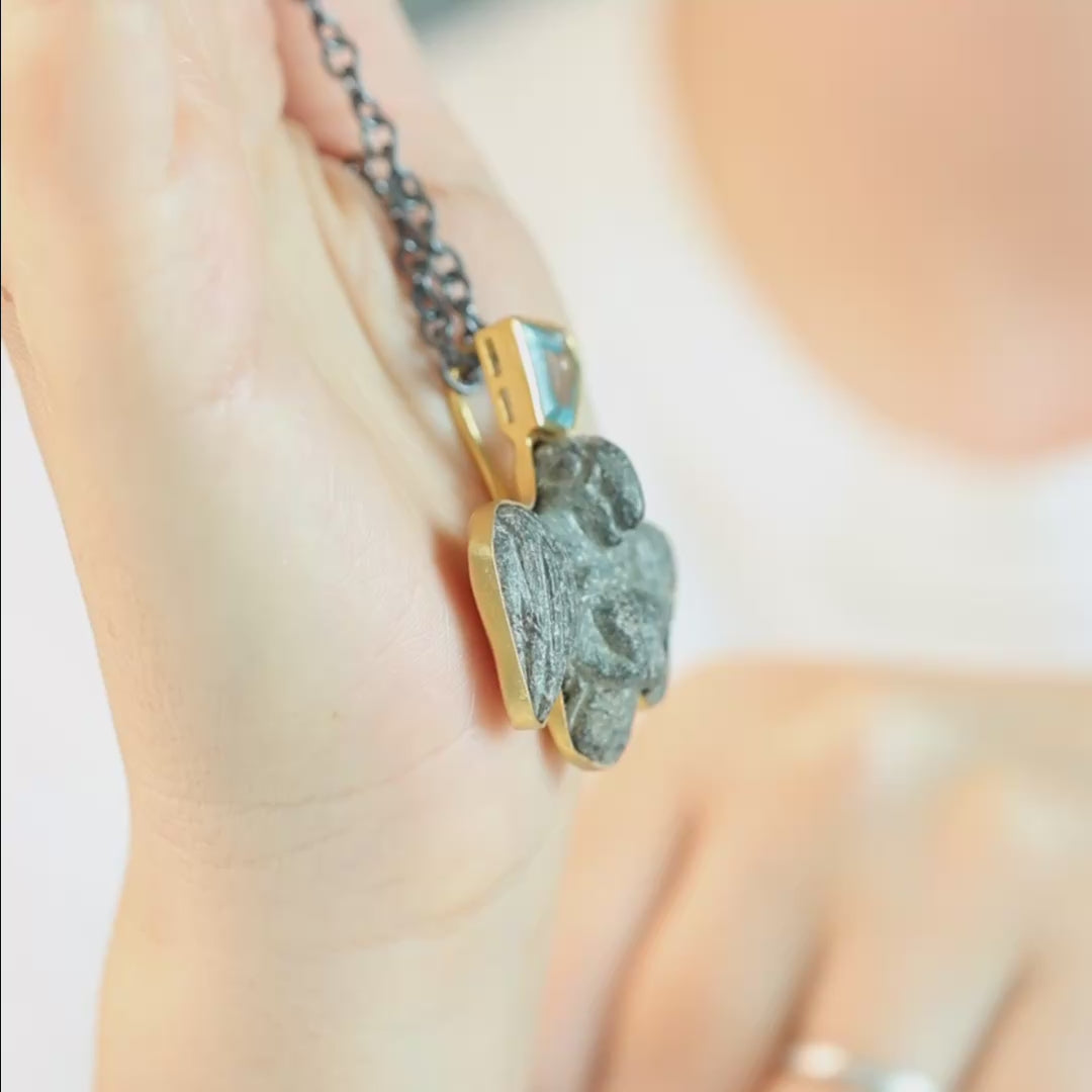 Nekhbet Sterling Silver Pendant with Ancient Egyptian Vulture Figurine Late Ptolemaic & Blue Topaz