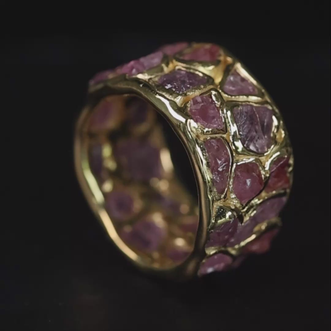 Lythara Handcrafted Barrel Ring with Raw Pink Sapphire & Ruby in 14K Gold Plated Sterling Silver