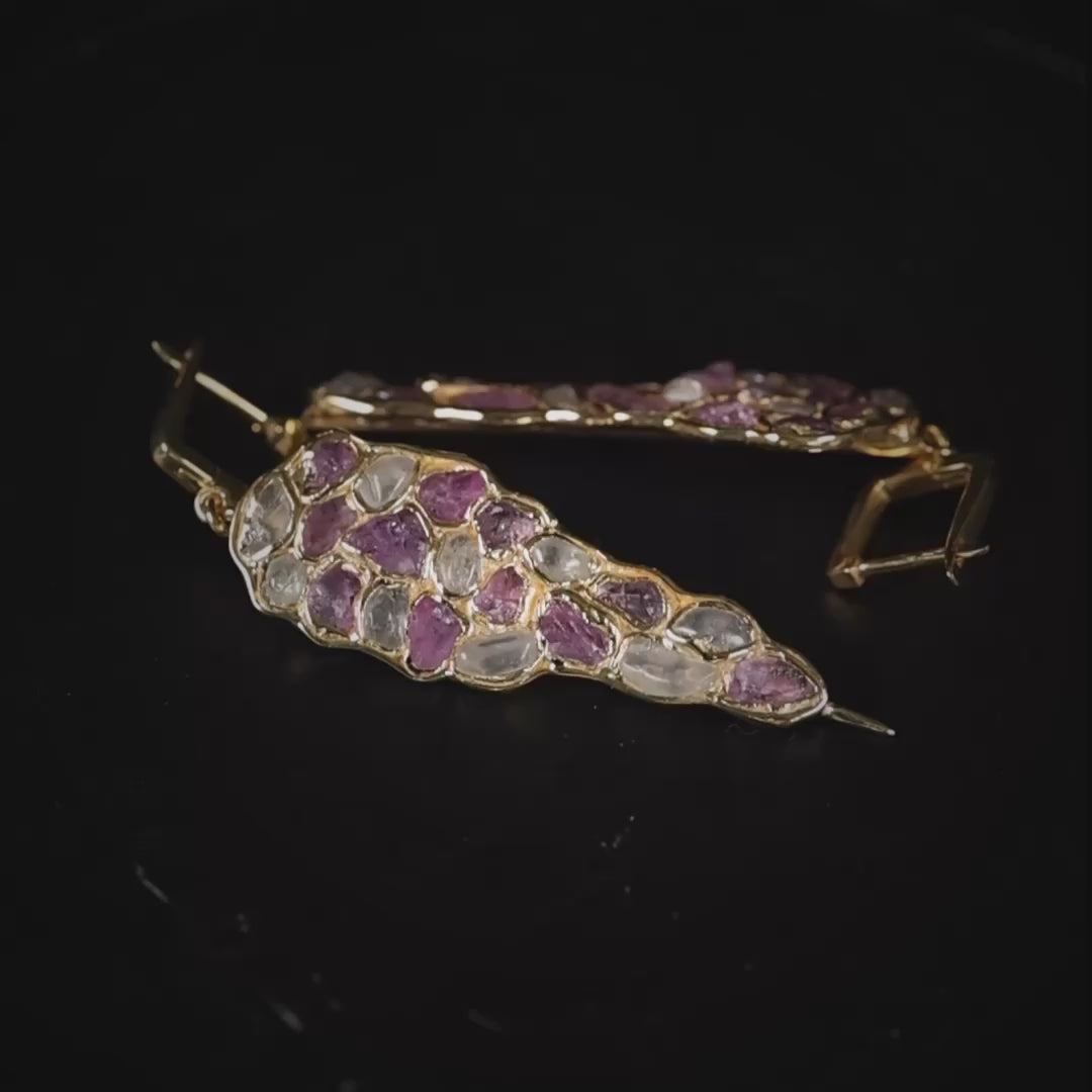 Tarina Earrings with Raw White Zircon & Pink Sapphire in 14K Gold Plated Sterling Silver