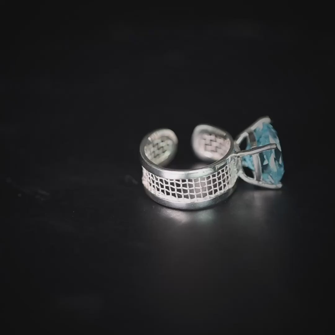 Mistral Open Band Ring with Blue Topaz in Silver and Titanium Mesh Minimalist Design