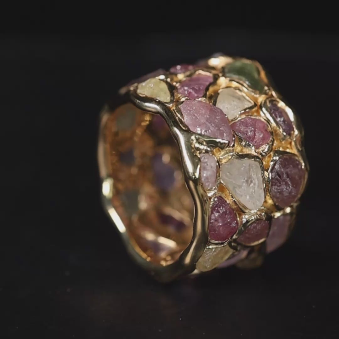 Elara Limited Edition Barrel Ring with Raw Fancy Sapphires in 14K Gold Plated Sterling Silver