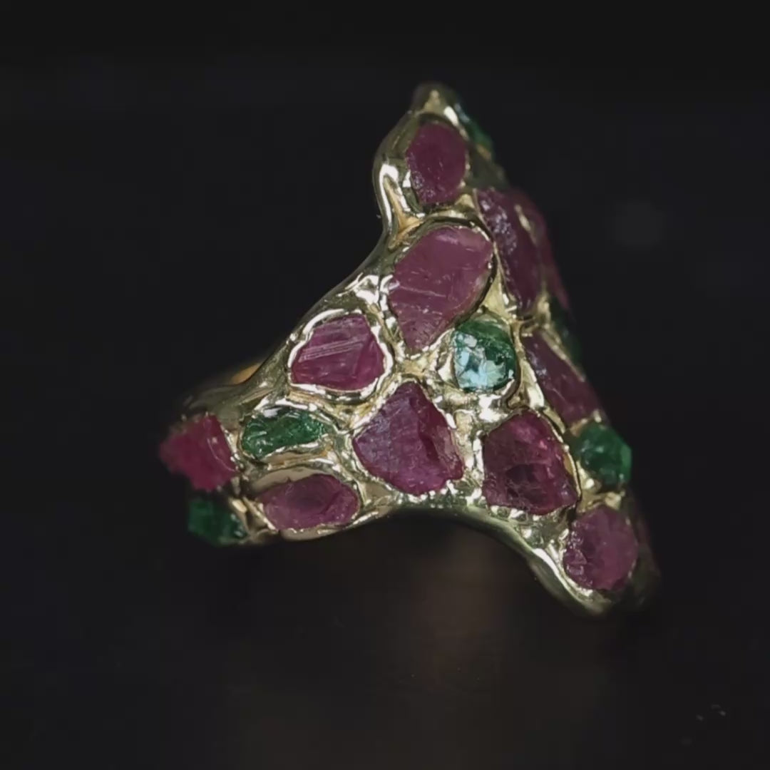 Kelea Handcrafted Ring with Raw Spinel & Tsavorite Garnet in 14K Gold Plated Silver