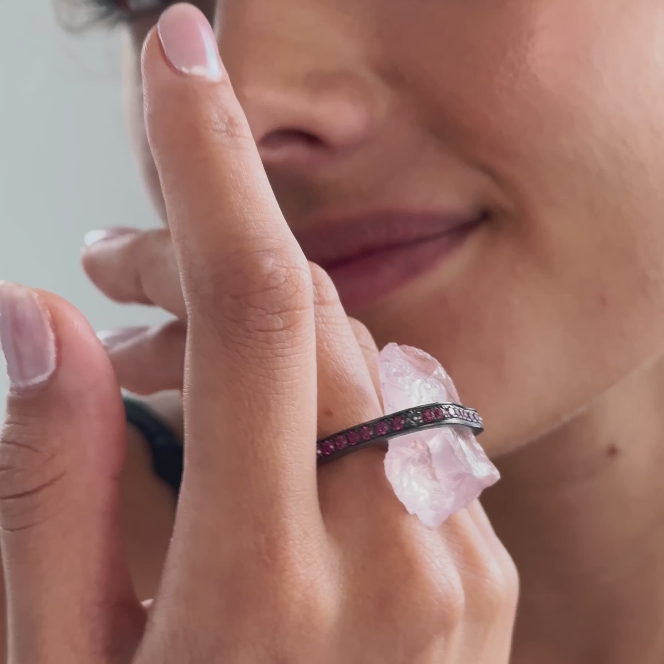 Pione Rough Rose Quartz and Rhodolite Ring