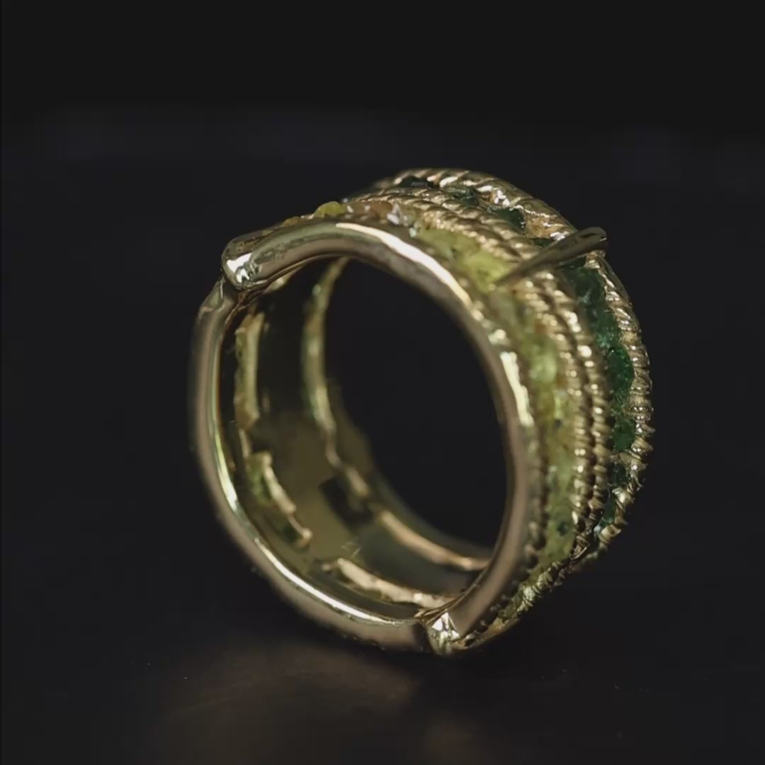 Tyra Handcrafted Barrel Ring with Raw Yellow Sapphire & Chrome Diopside in 14K Gold Plated Silver