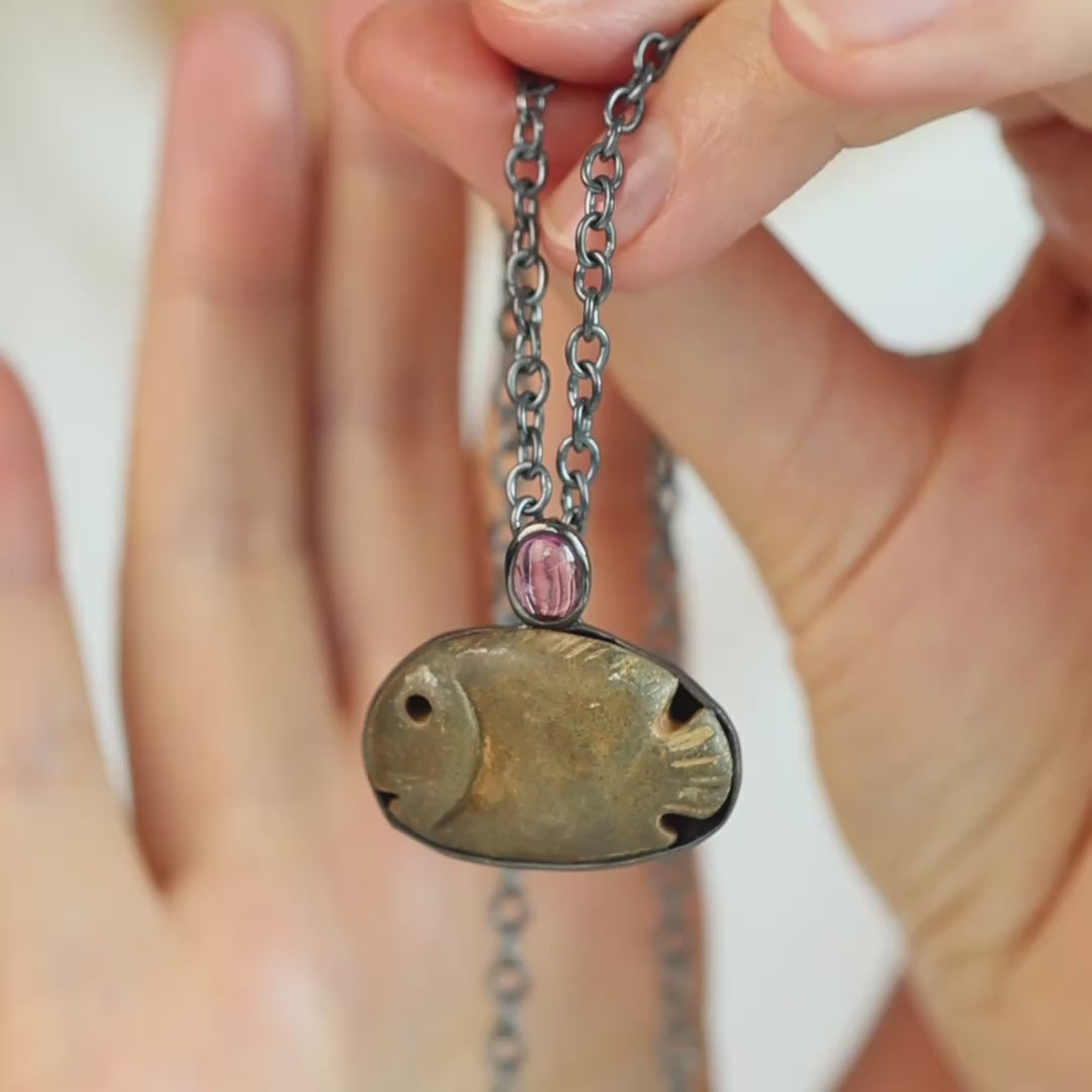 Abdju Sterling Silver Pendant with Ancient Egyptian Stone Fish Amulet & Pink Tourmaline