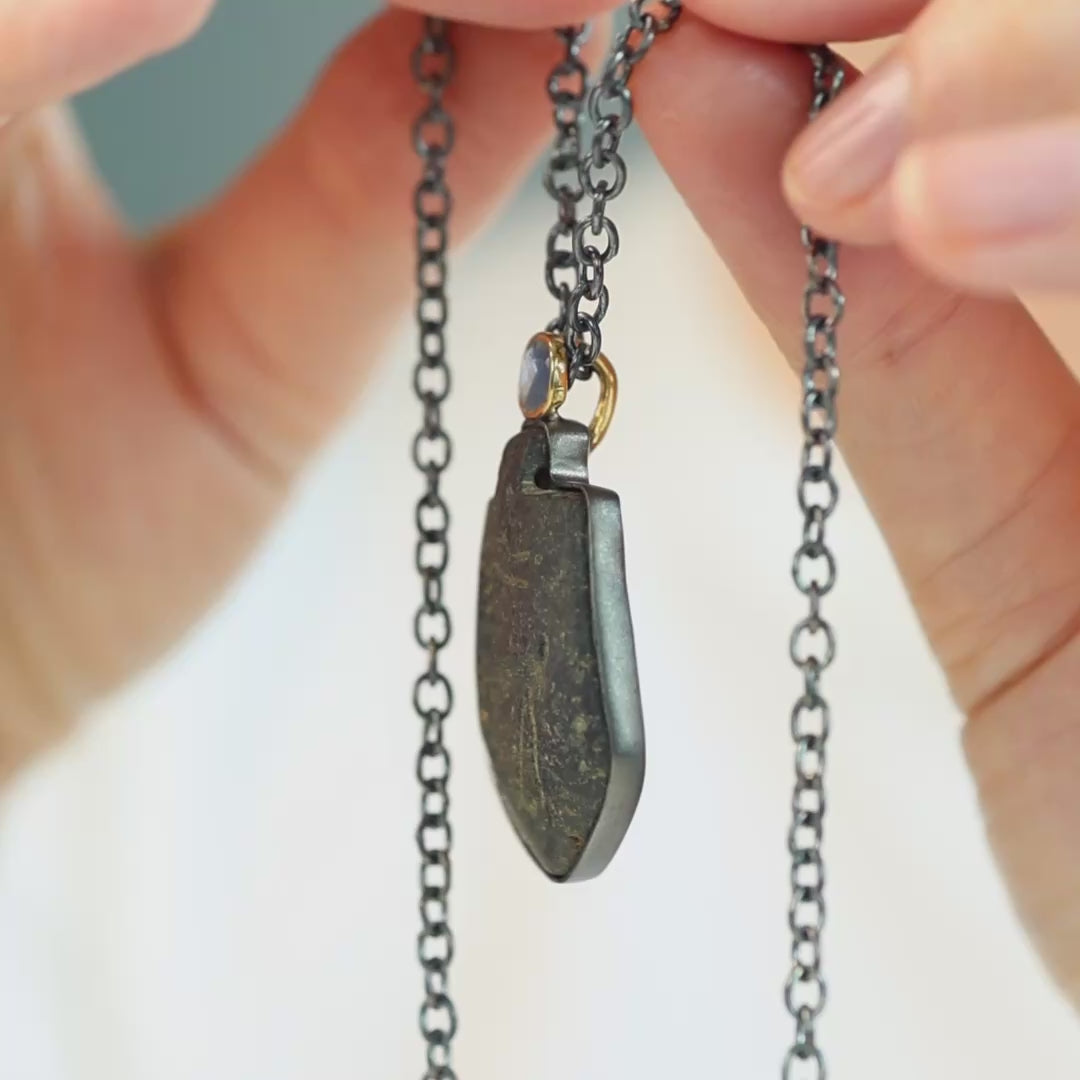 Adad Sterling Silver Pendant with Ancient Near Eastern Steatite Amulet and Blue Sapphire